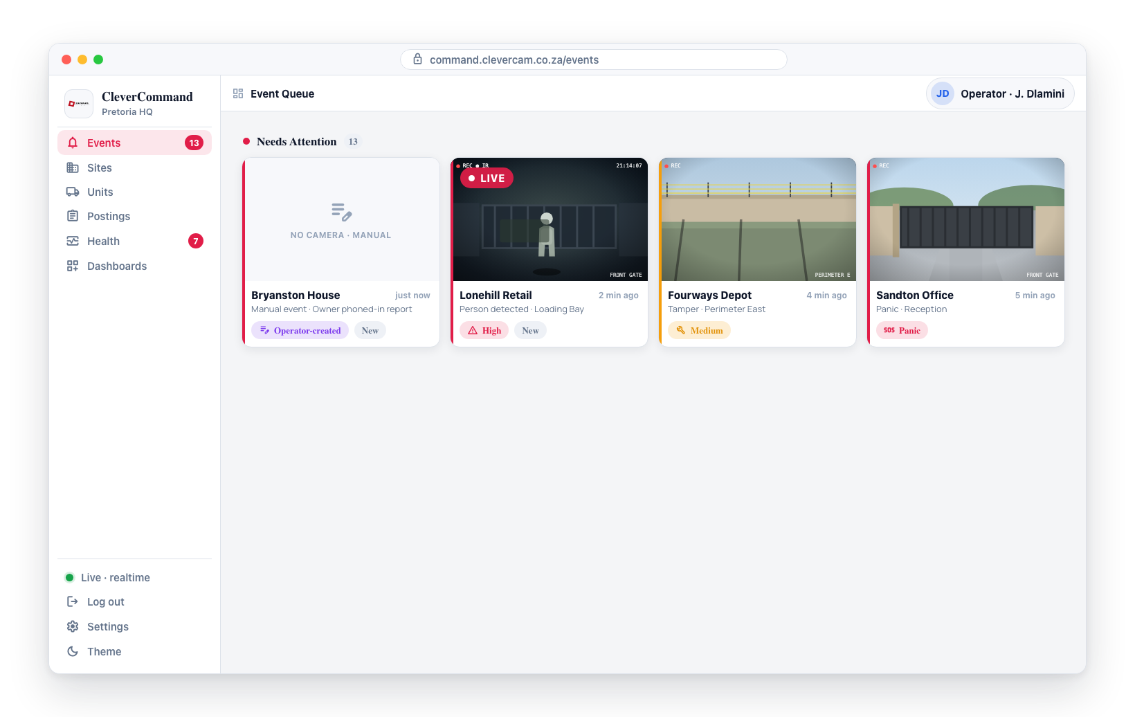 A manual event in the queue has no snapshot and is tagged Operator-created, alongside camera-detected events.