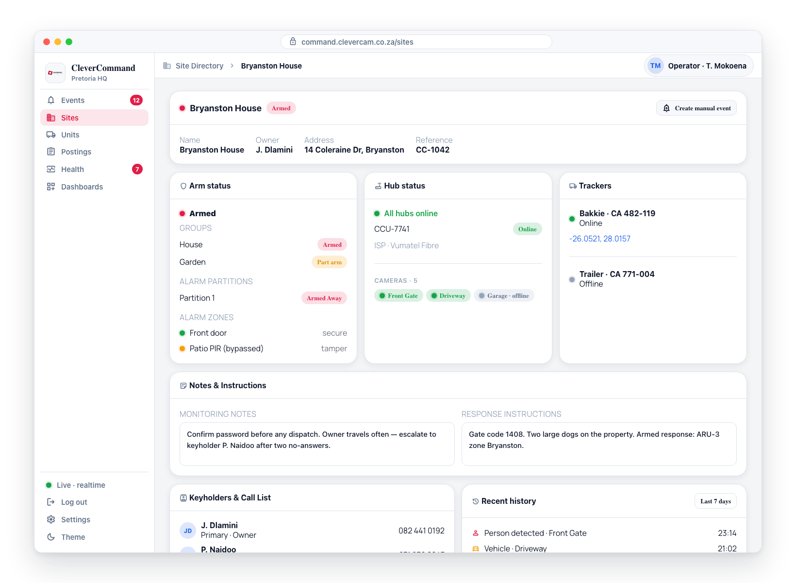 The full site details panel: arm status with groups, partitions and zones, hub and camera status, trackers, notes, call list and recent history.