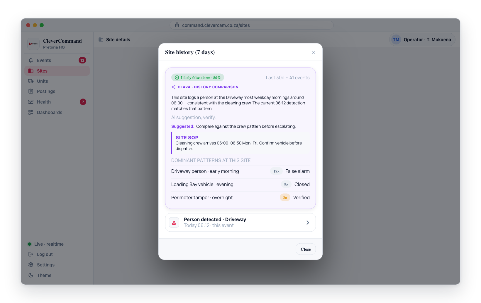 In Advance mode, Clava compares the current event against the site's recent activity and surfaces dominant patterns and the relevant site SOP — always as a suggestion to verify.