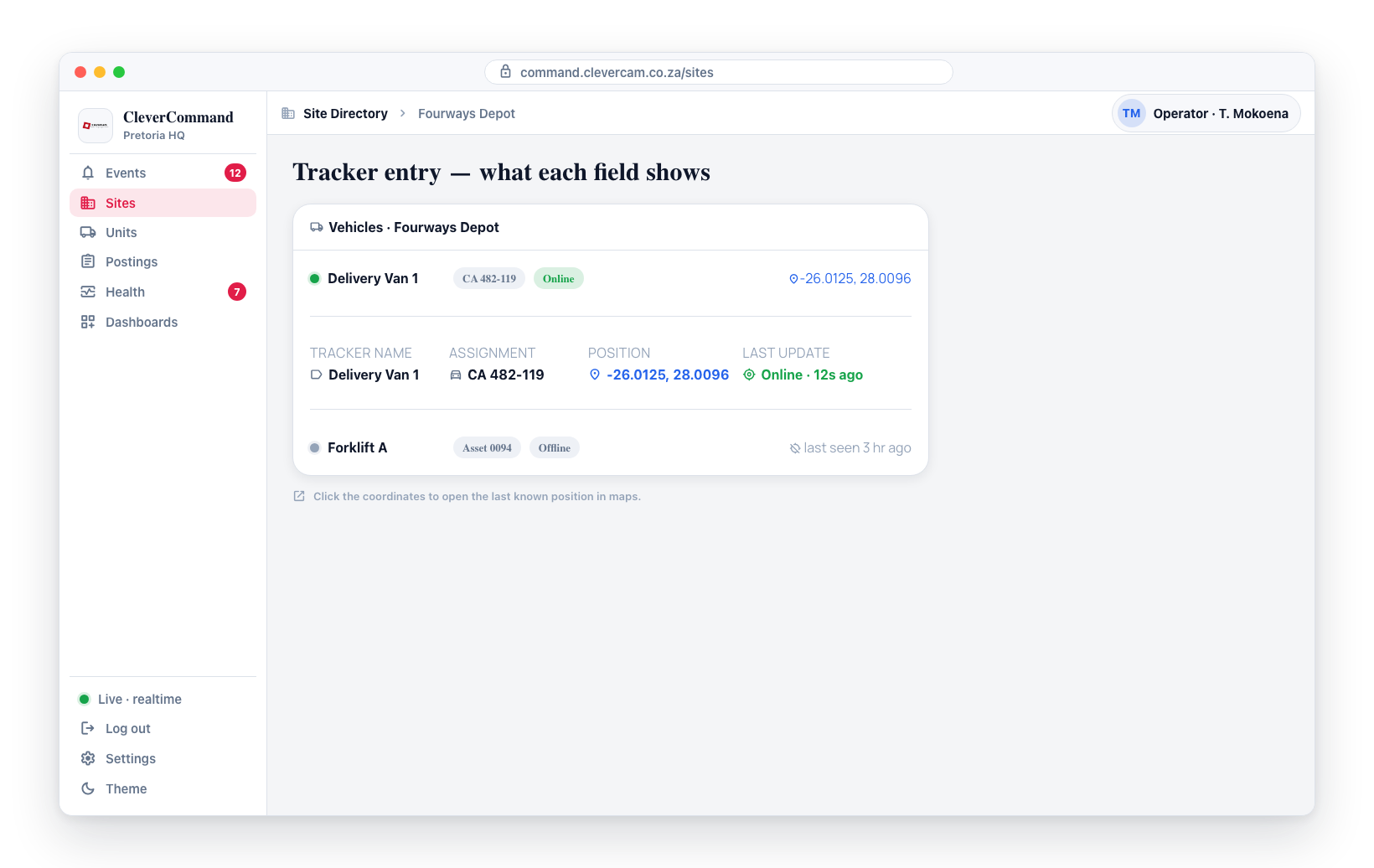 A single tracker entry breaks down into name, assignment (registration or asset ID), last known position, and a status reflecting when it last reported.