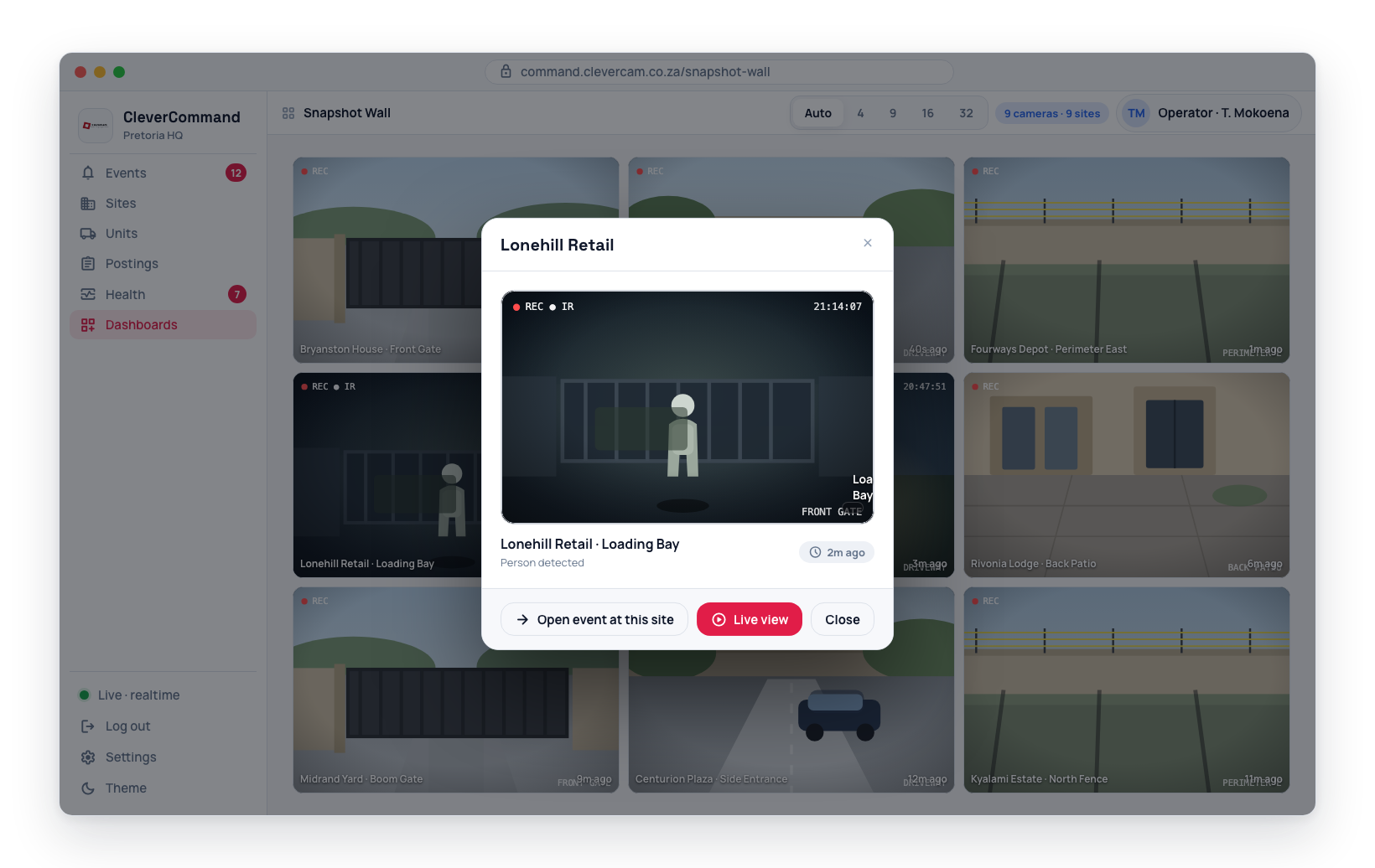 The enlarged snapshot with the site name (plus address, for a generic site name), camera name, capture time, and a Close button.