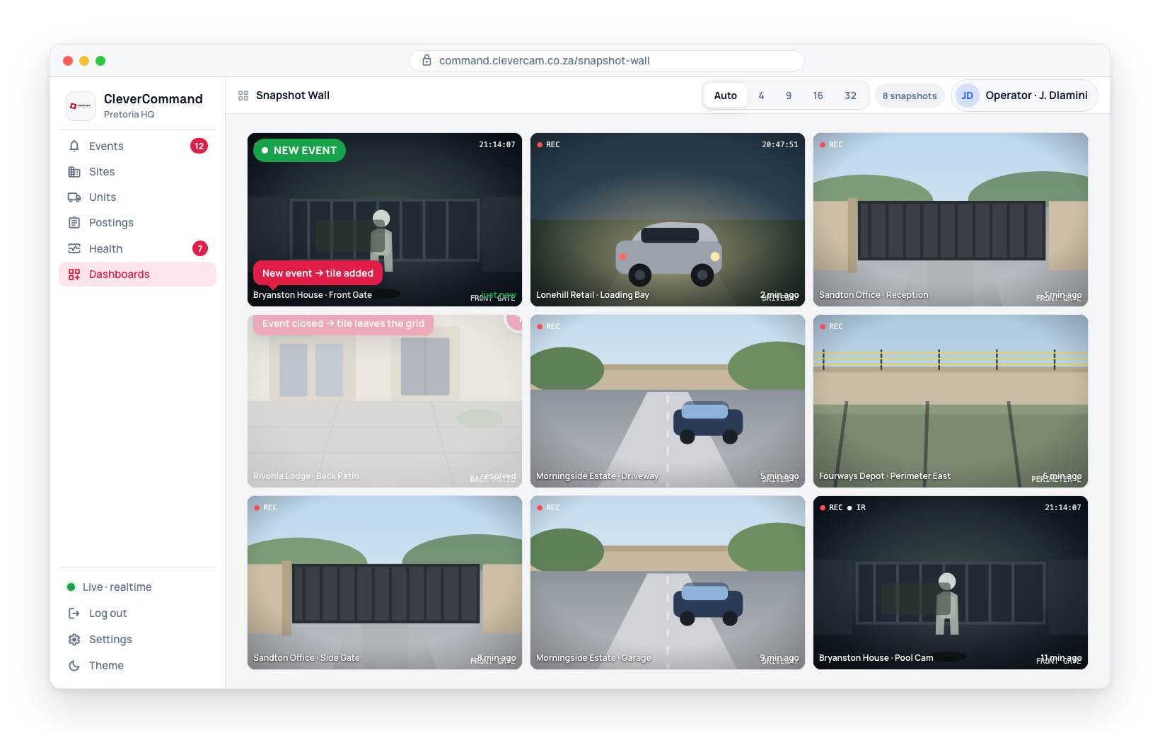 The grid composition follows your events: a new event adds its camera tile, and a closed event removes its tile from the wall.