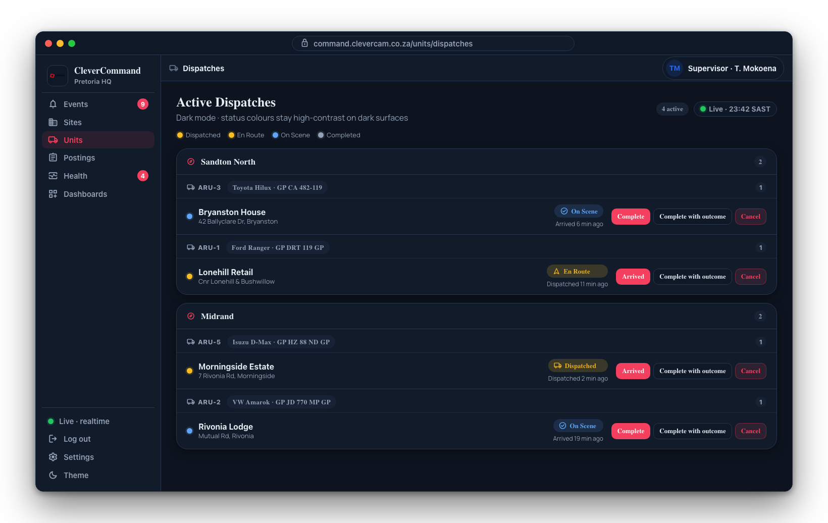 The active dispatches board in dark mode -- status colours stay high-contrast against the dark surfaces.