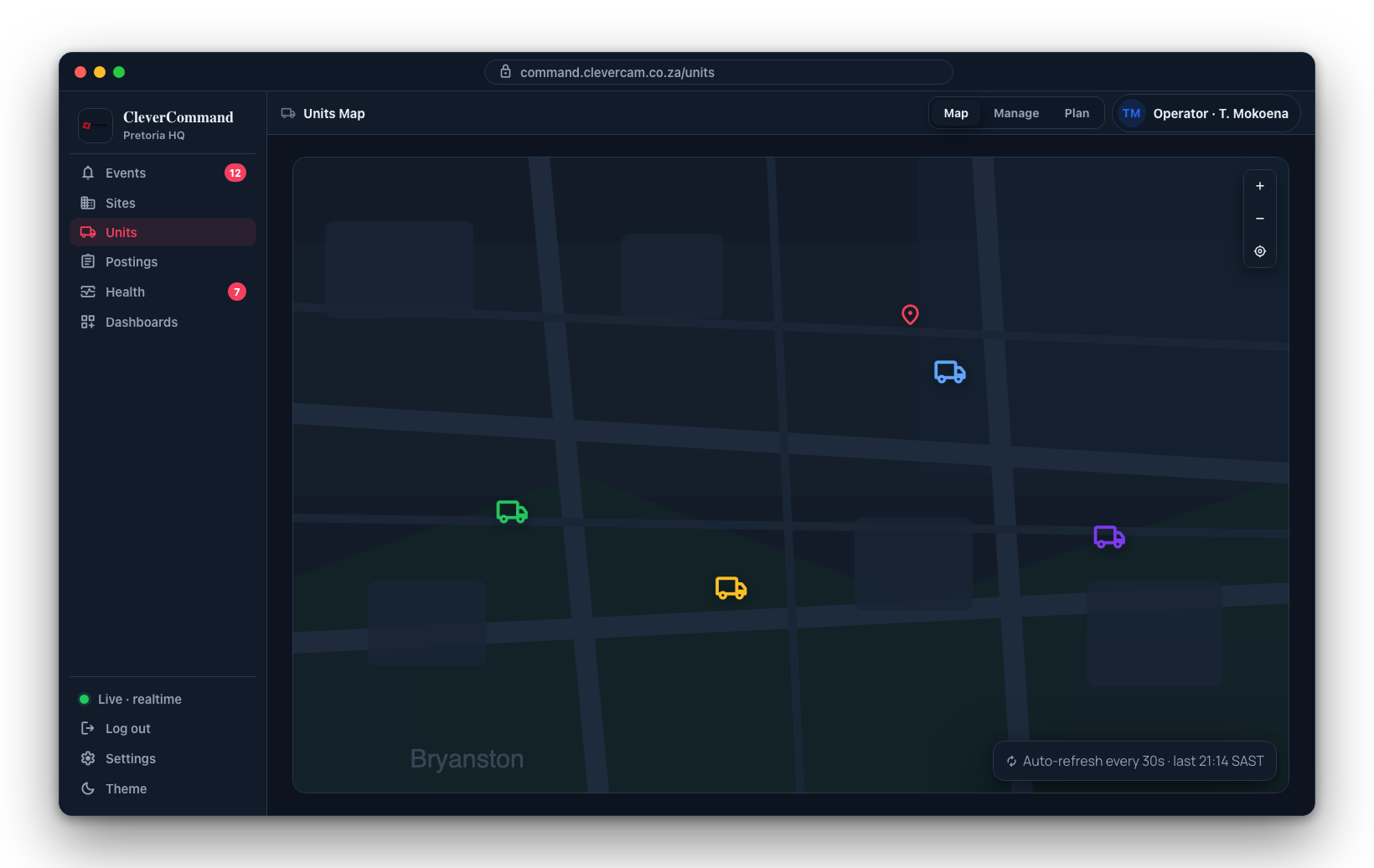 The map adapts to dark mode and auto-refreshes unit positions every 30 seconds.