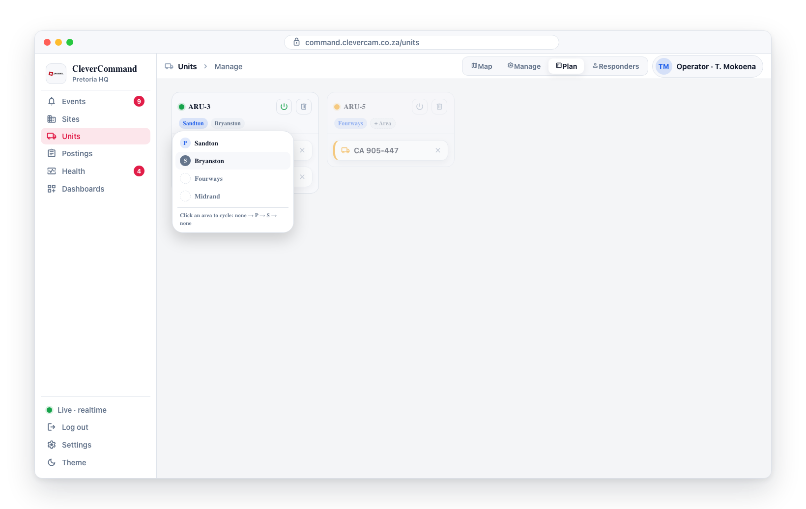 The area dropdown lists every area for the control room; clicking a row cycles it none → Primary (P) → Secondary (S) → none.