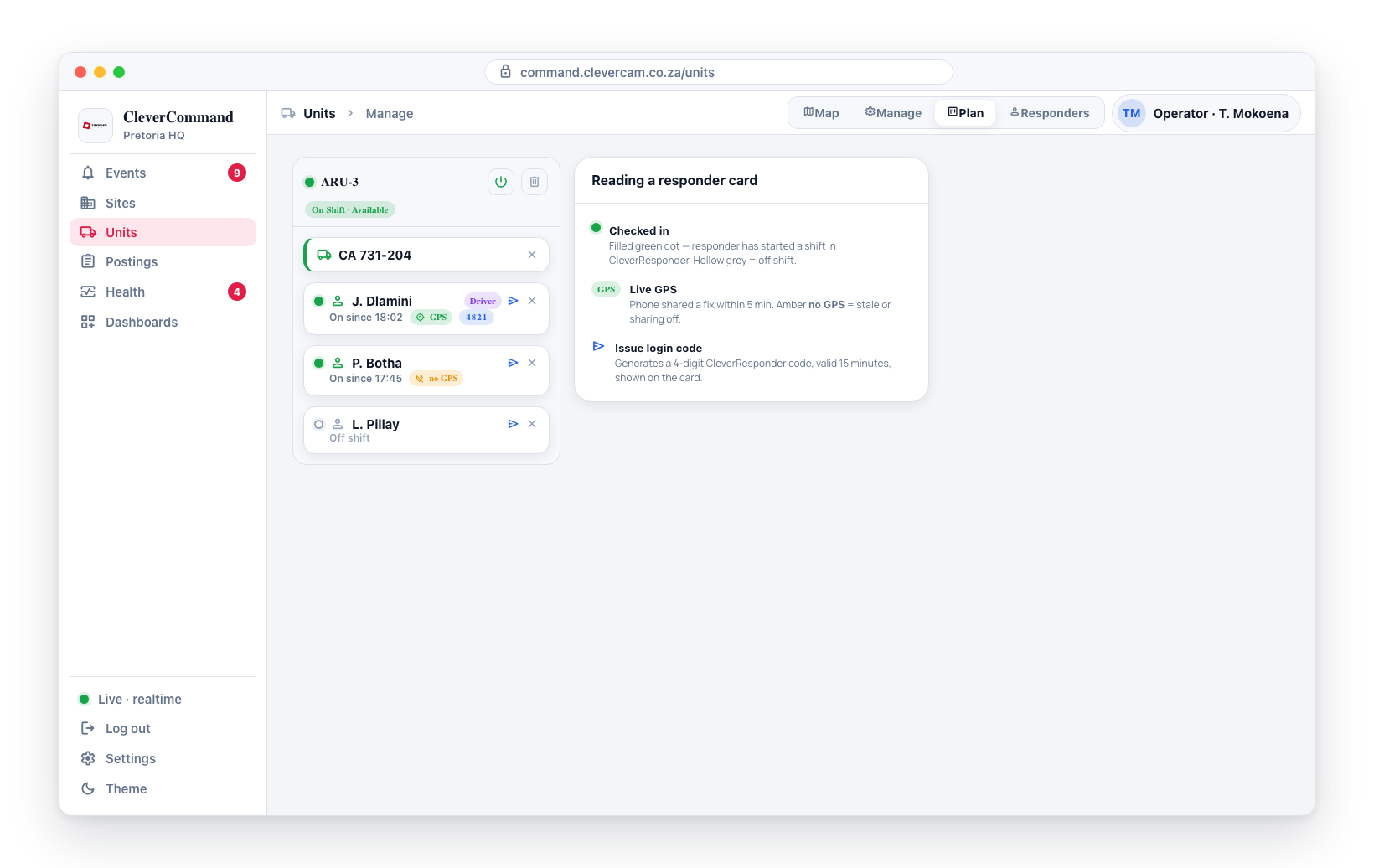 A responder card carries a check-in dot, On since time, live/stale GPS pill, and a ⋯ menu that issues a 4-digit CleverResponder login code.