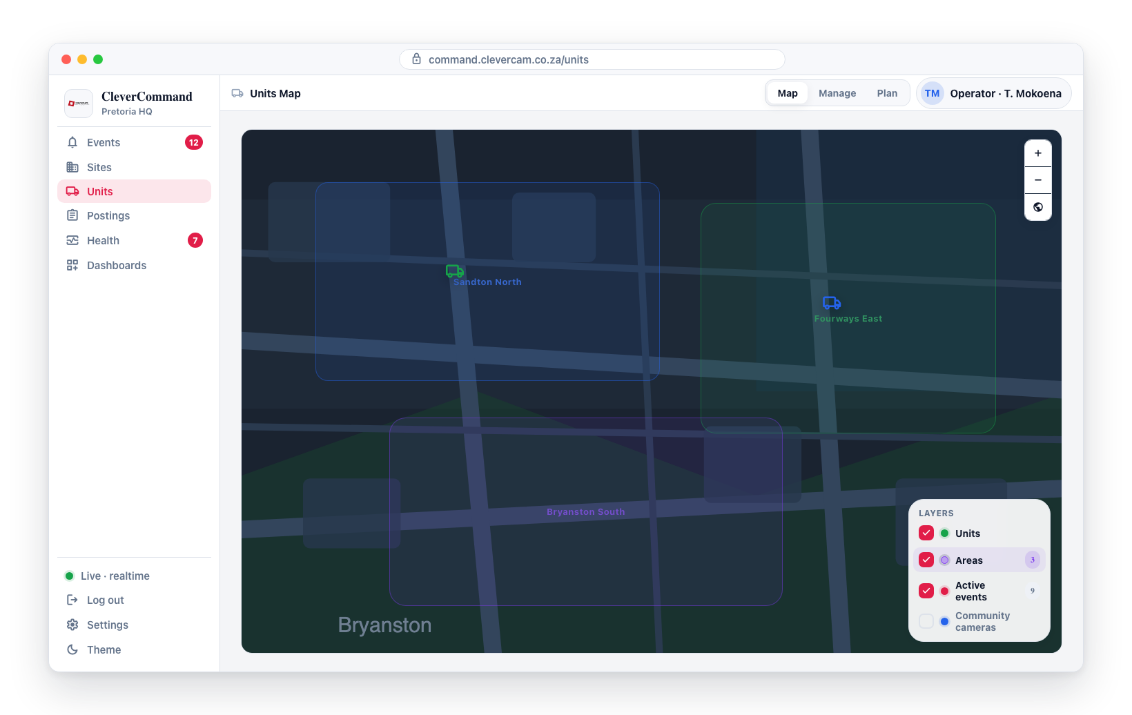 Response areas drawn as soft, low-opacity polygons with muted labels — deliberately faded so units and events stay prominent.