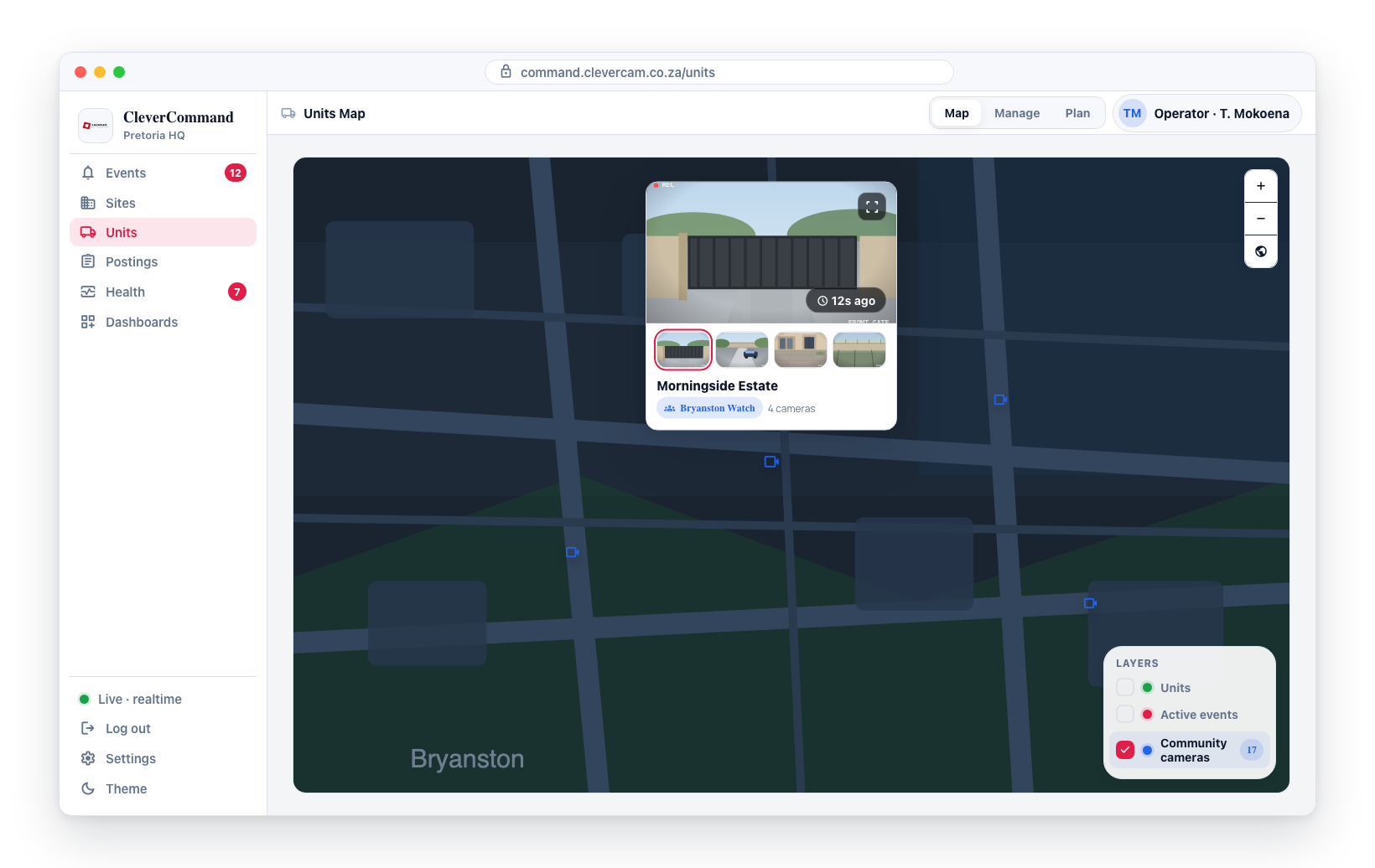 A community-camera site popup: current snapshot with a fullscreen button, a thumbnail strip to swap cameras, and the site, community, and camera count.