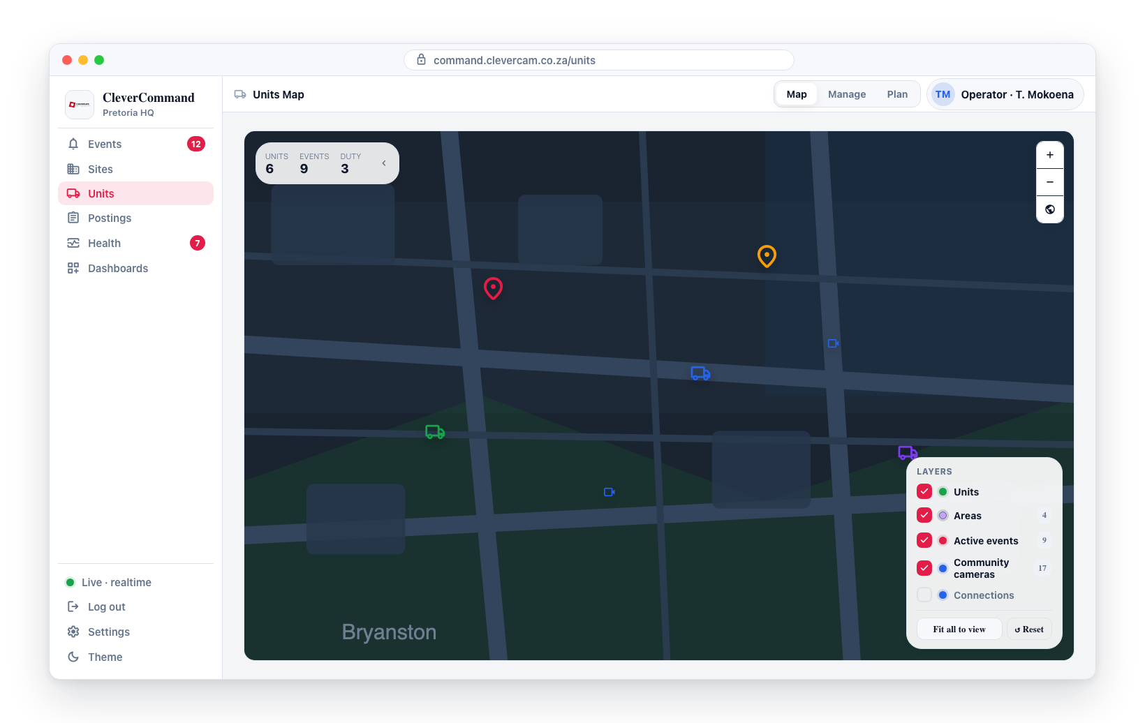 The Units Map with the Layers panel open — Units, Areas, Active events, and Community cameras each toggle independently.
