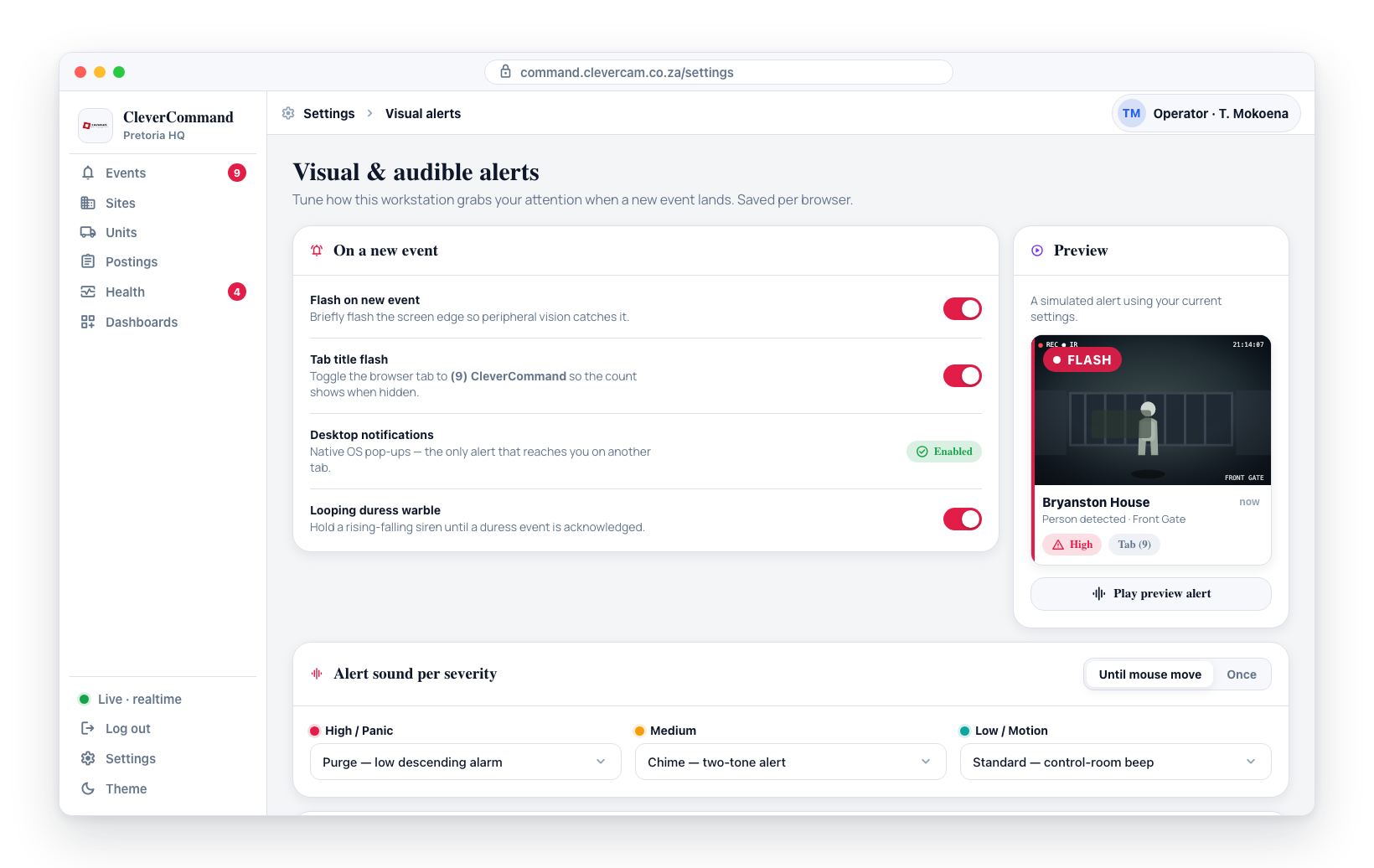 Settings → Alert Sounds: confirm a sound is selected per severity and use the preview button to verify audio plays.