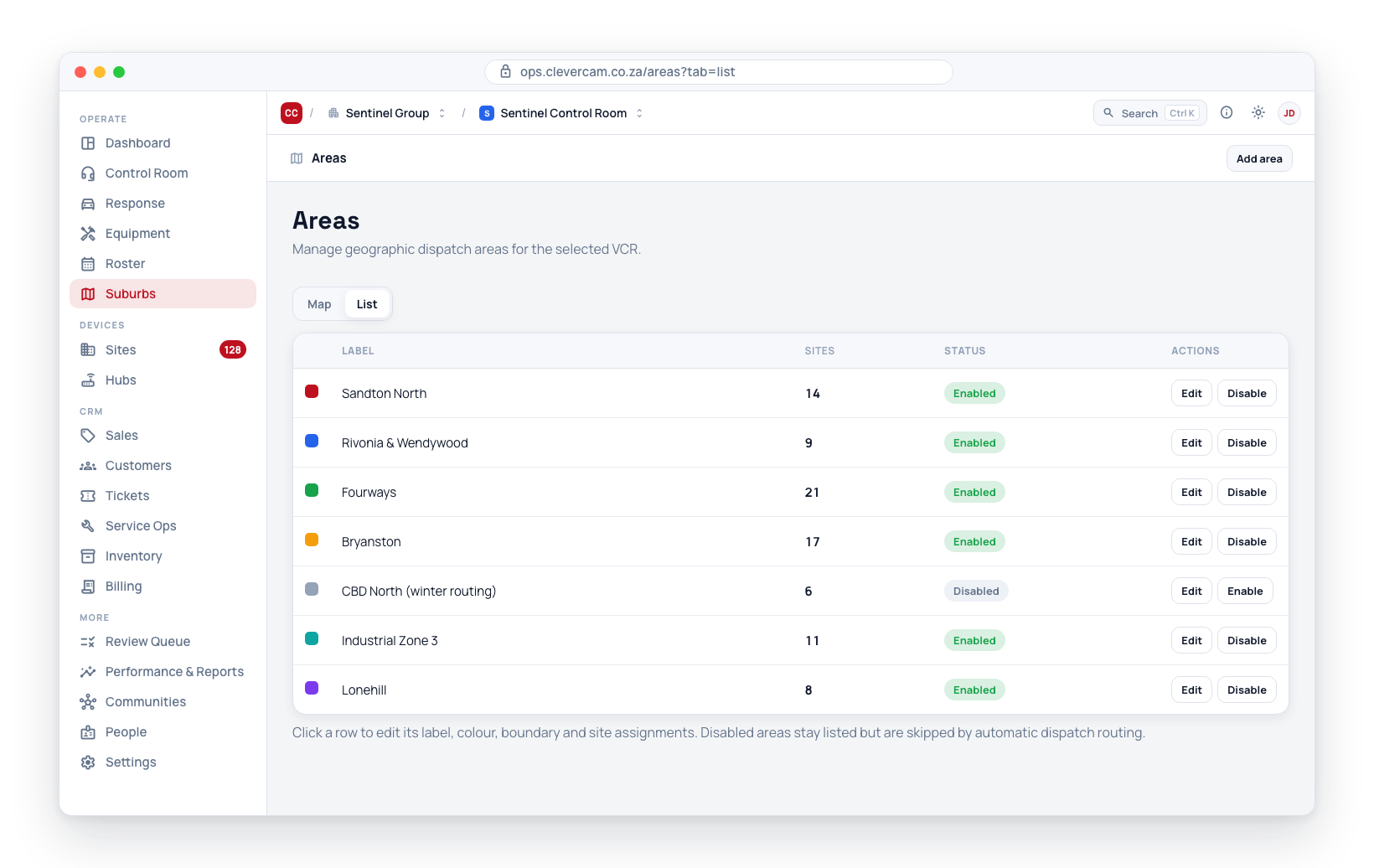 The Suburbs tab shows each suburb's colour, site breakdown, responders and Enabled/Disabled status, with row actions to edit, enable or disable. Delete suburb is in the suburb editor's Danger zone.
