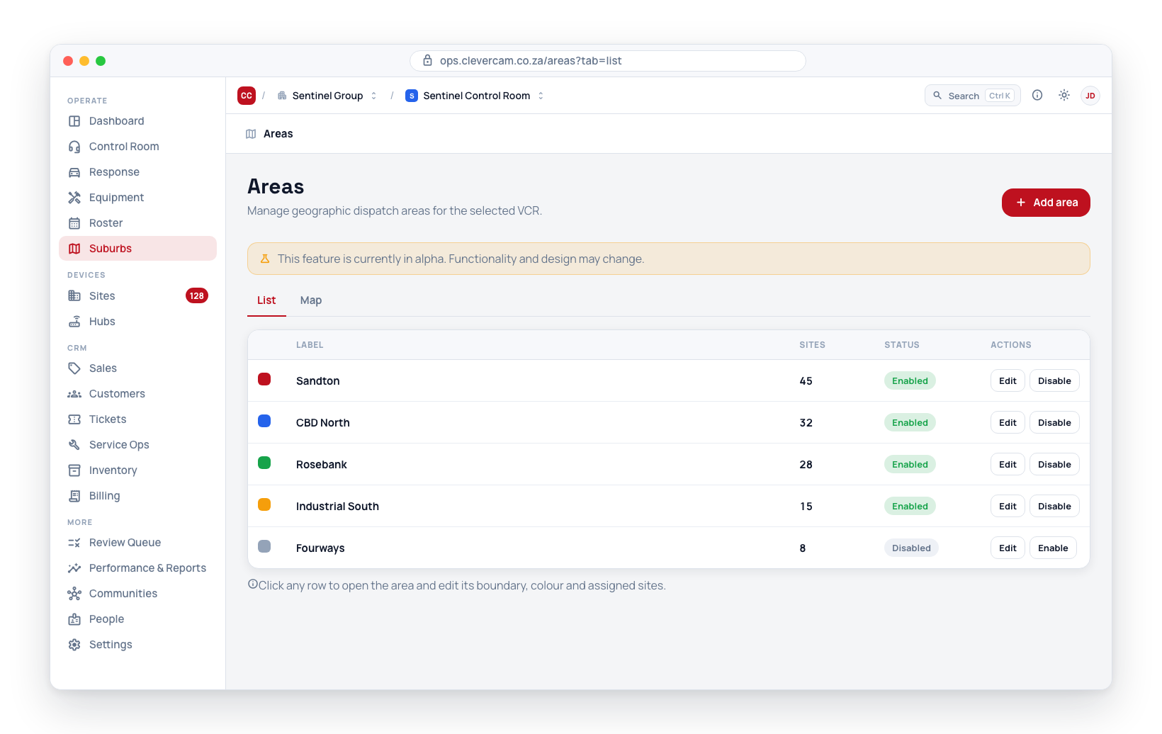The Suburbs tab: each row shows the suburb colour, label, site breakdown, responders and Enabled/Disabled status.