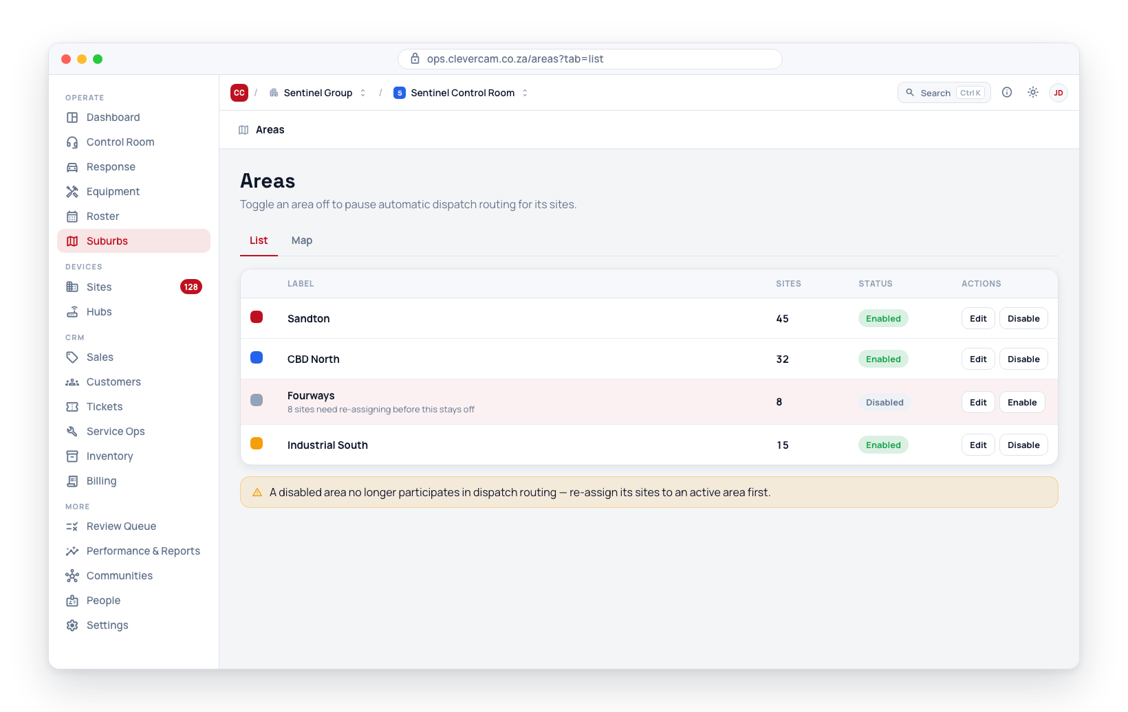 Toggle a suburb with the row action; its Status badge flips between Enabled and Disabled.