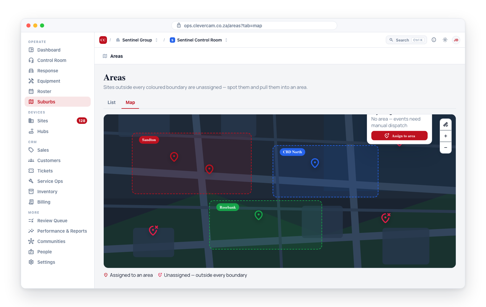 The Map tab: site markers sitting outside every coloured boundary are in no suburb.