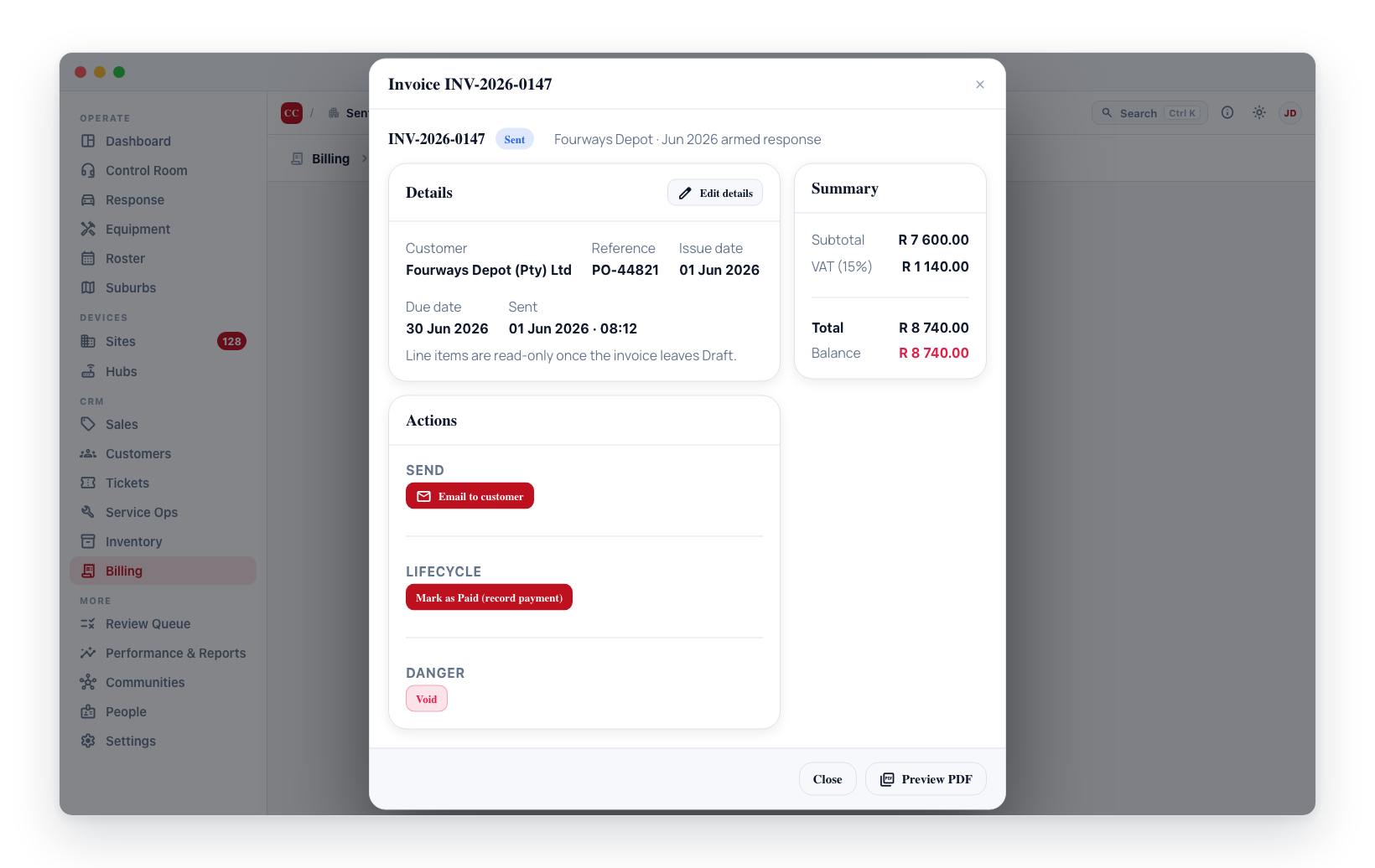 A sent invoice opens read-only, with Send / Lifecycle / Danger action groups and a balance summary.