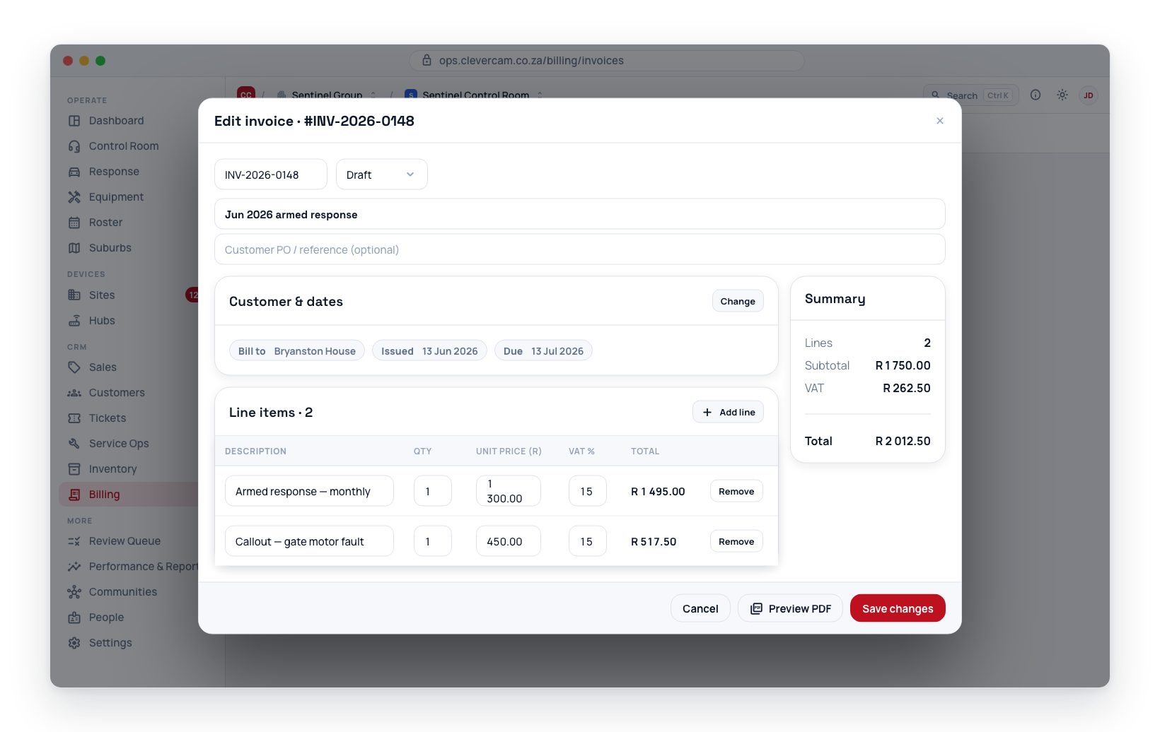 A draft invoice in edit mode — line items are editable, with live subtotal, VAT and total in the summary.