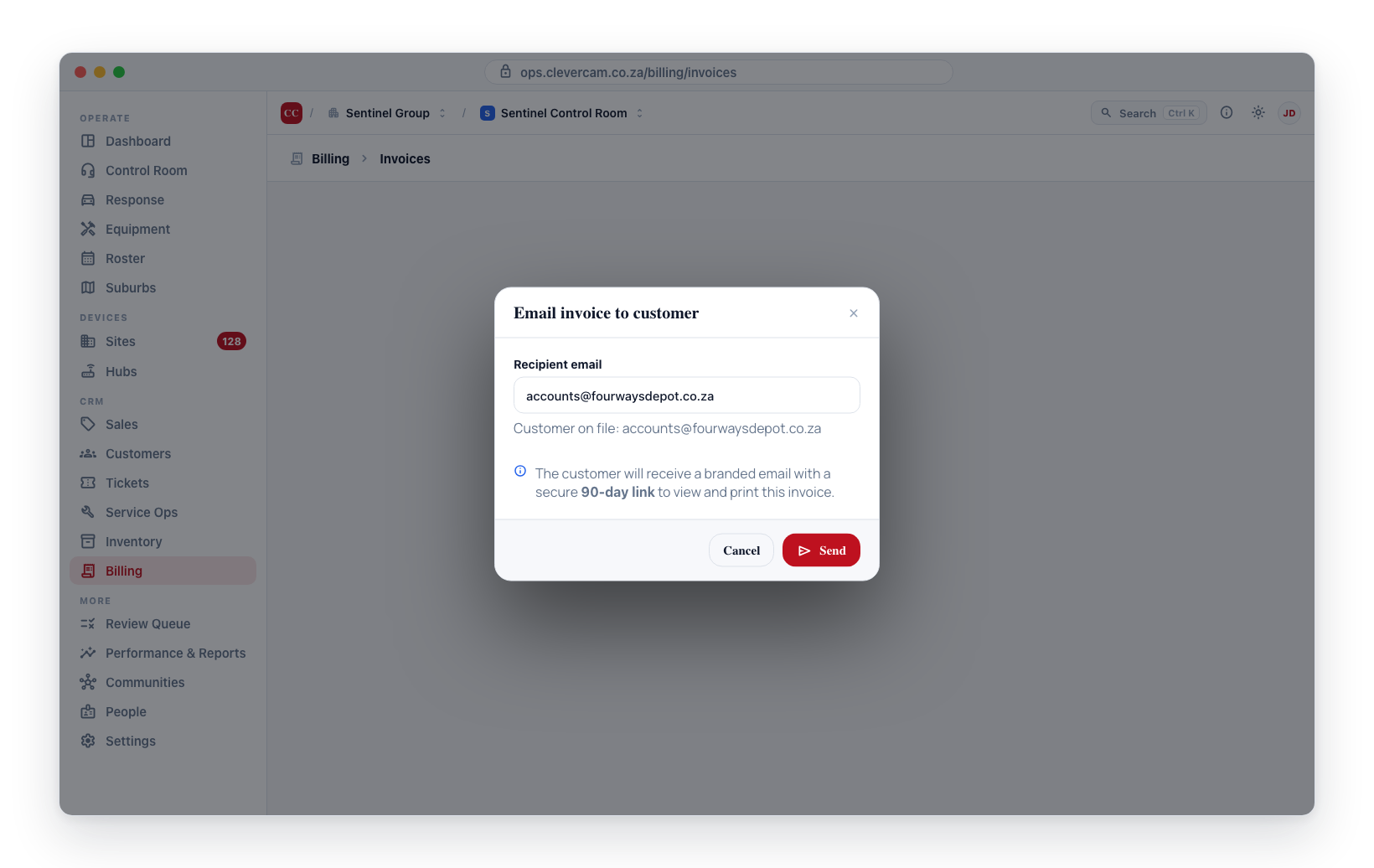 Emailing an invoice — confirm the recipient and send a branded email with a 90-day secure link.