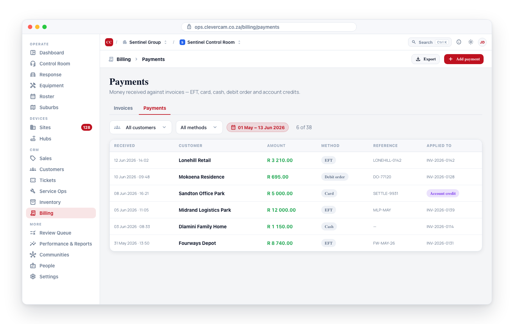 The Payments tab — every receipt with its method, reference, and the invoice it was applied to.