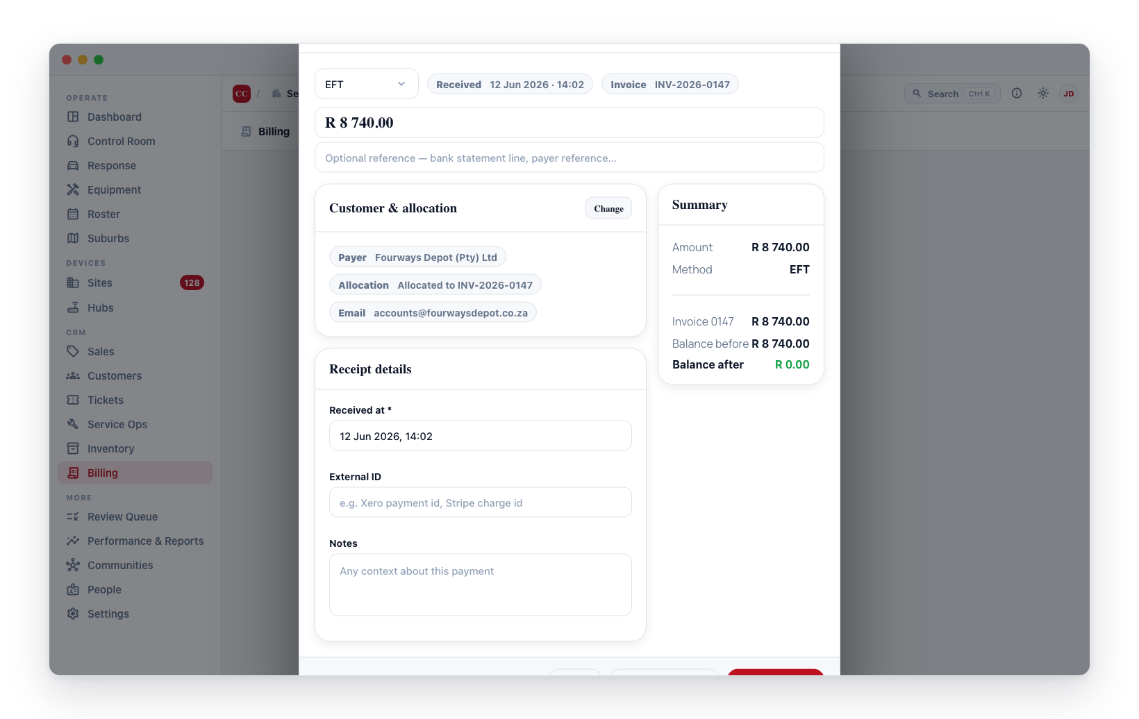 Recording a payment — method and amount at the top, allocation and receipt details, with balance-before / balance-after on the right.