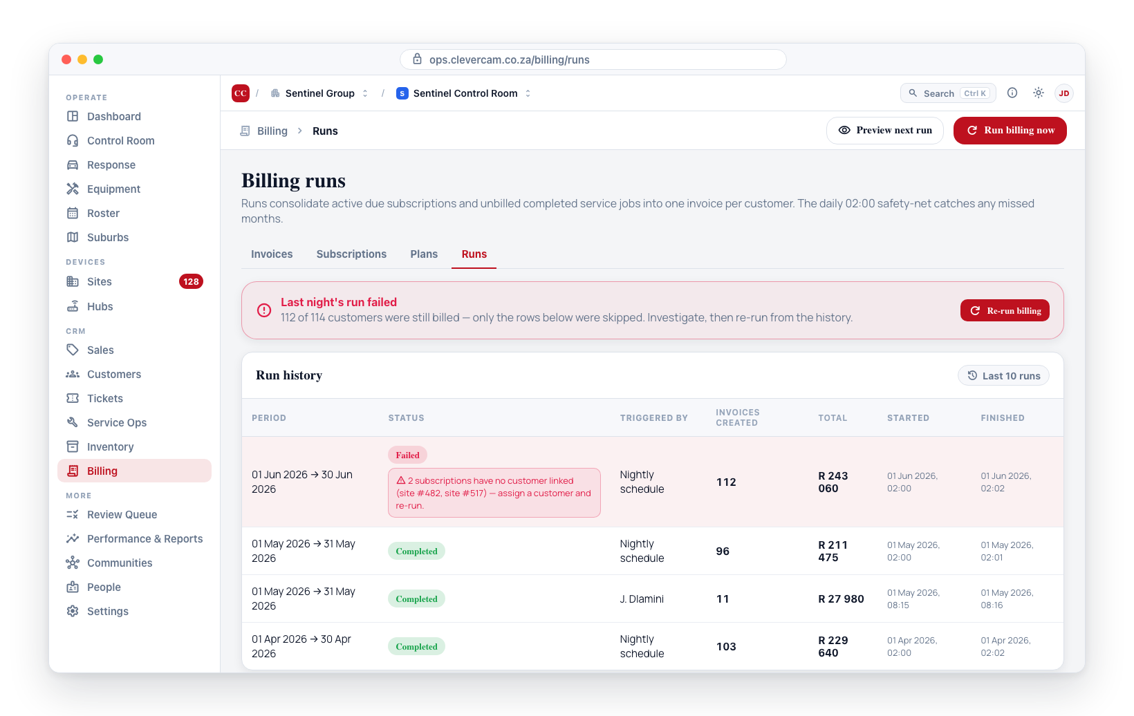 A Failed run in the history — the red status pill carries the recorded error inline; other customers in the same run were still billed.