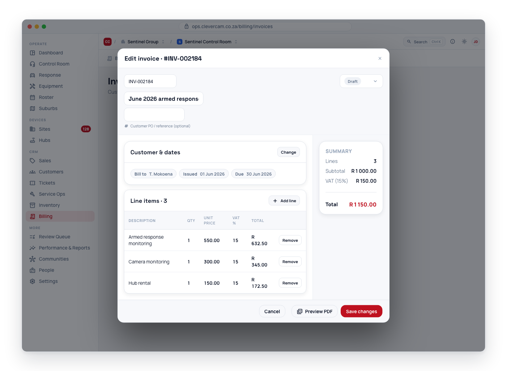 The shared document layout — header at the top, edit fields on the left, a live summary card on the right, and Cancel / Preview PDF / Save in the footer.