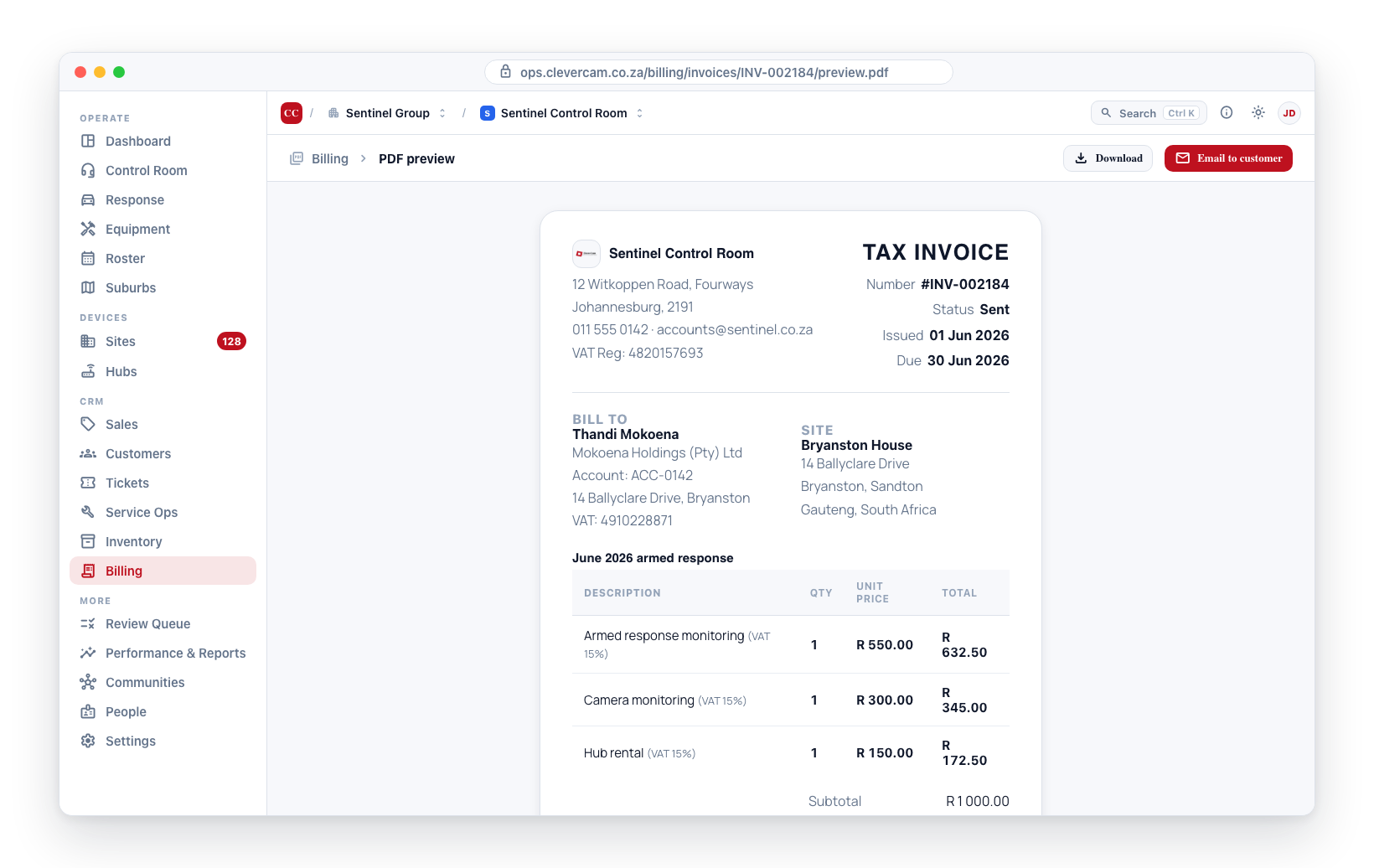 The shared branded PDF — here a TAX INVOICE: company header with VAT number, BILL TO and SITE blocks, line-item table, VAT totals, and a footer.