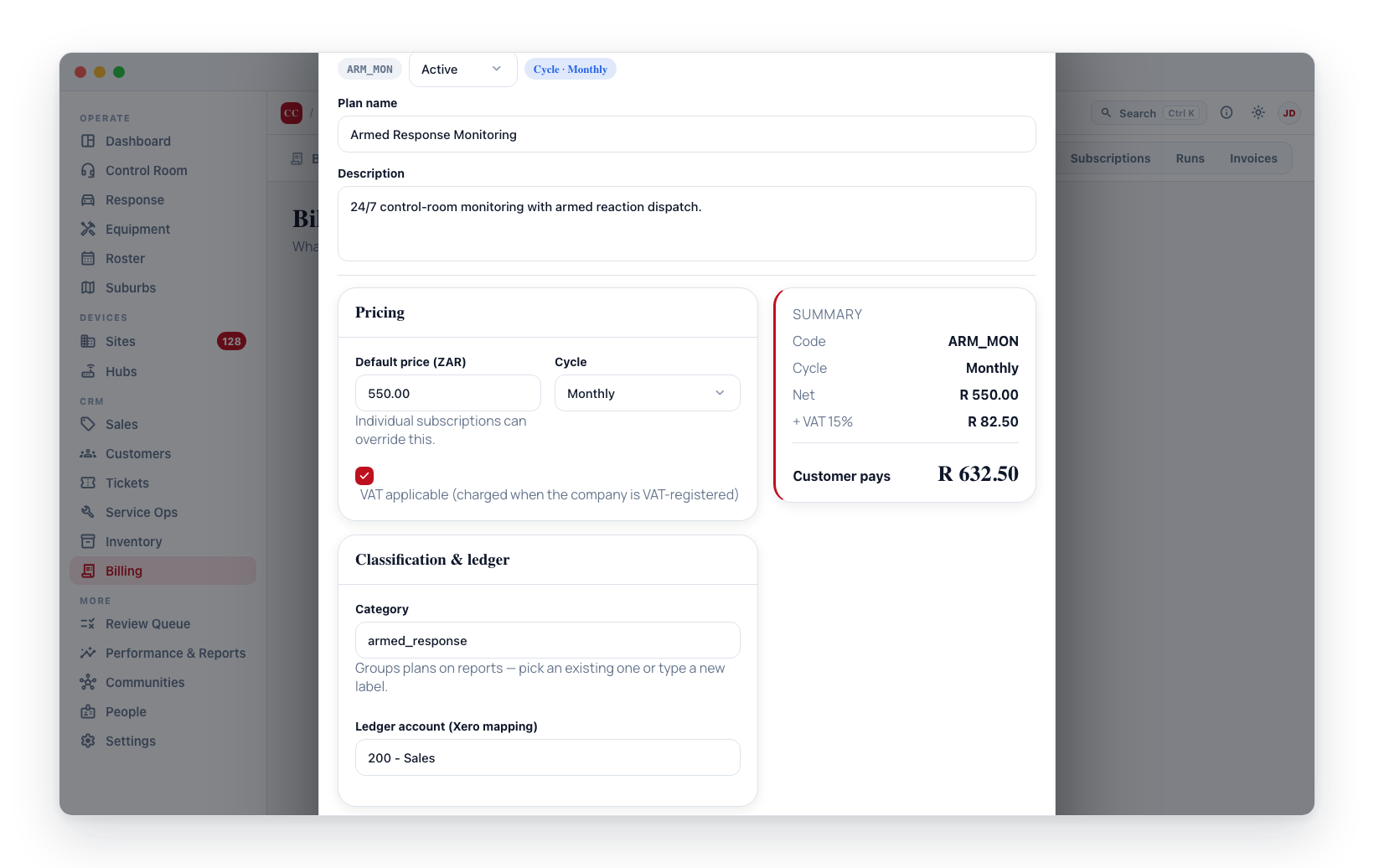 The Add billing plan form — code and status at the top, Pricing and Classification & ledger cards, and a live summary that totals net + VAT into what the customer pays.