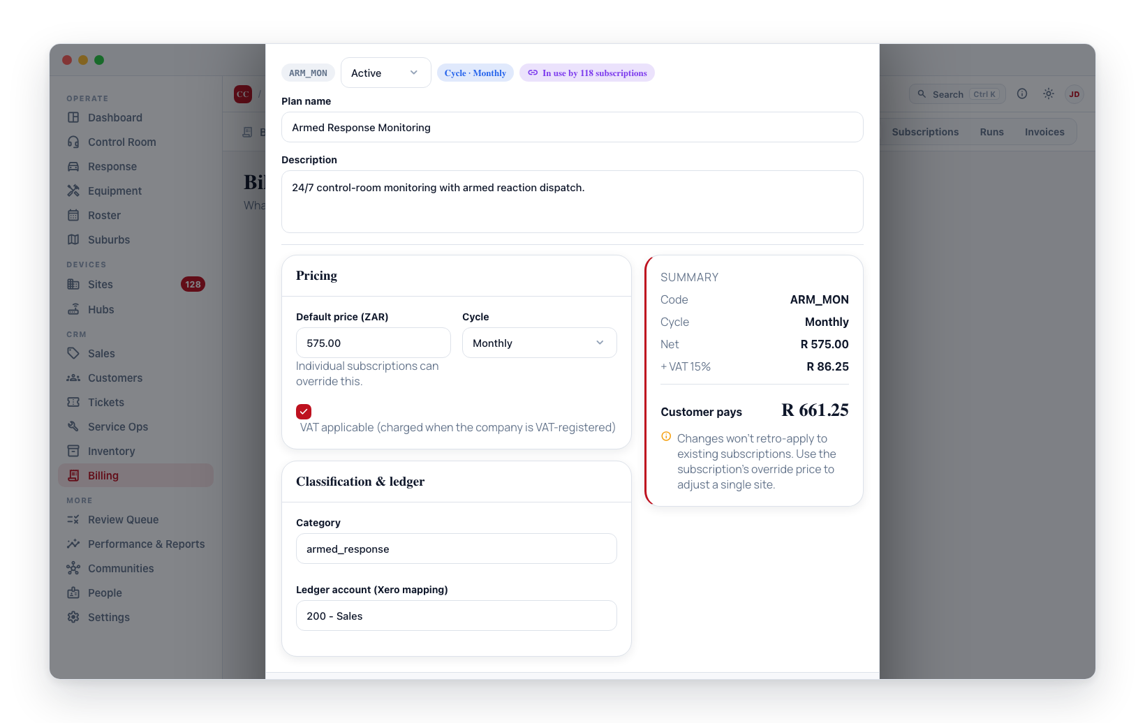 Editing a plan — the header chip shows it is in use by 118 subscriptions, and the summary reminds you that changes won't retro-apply to existing subscriptions.