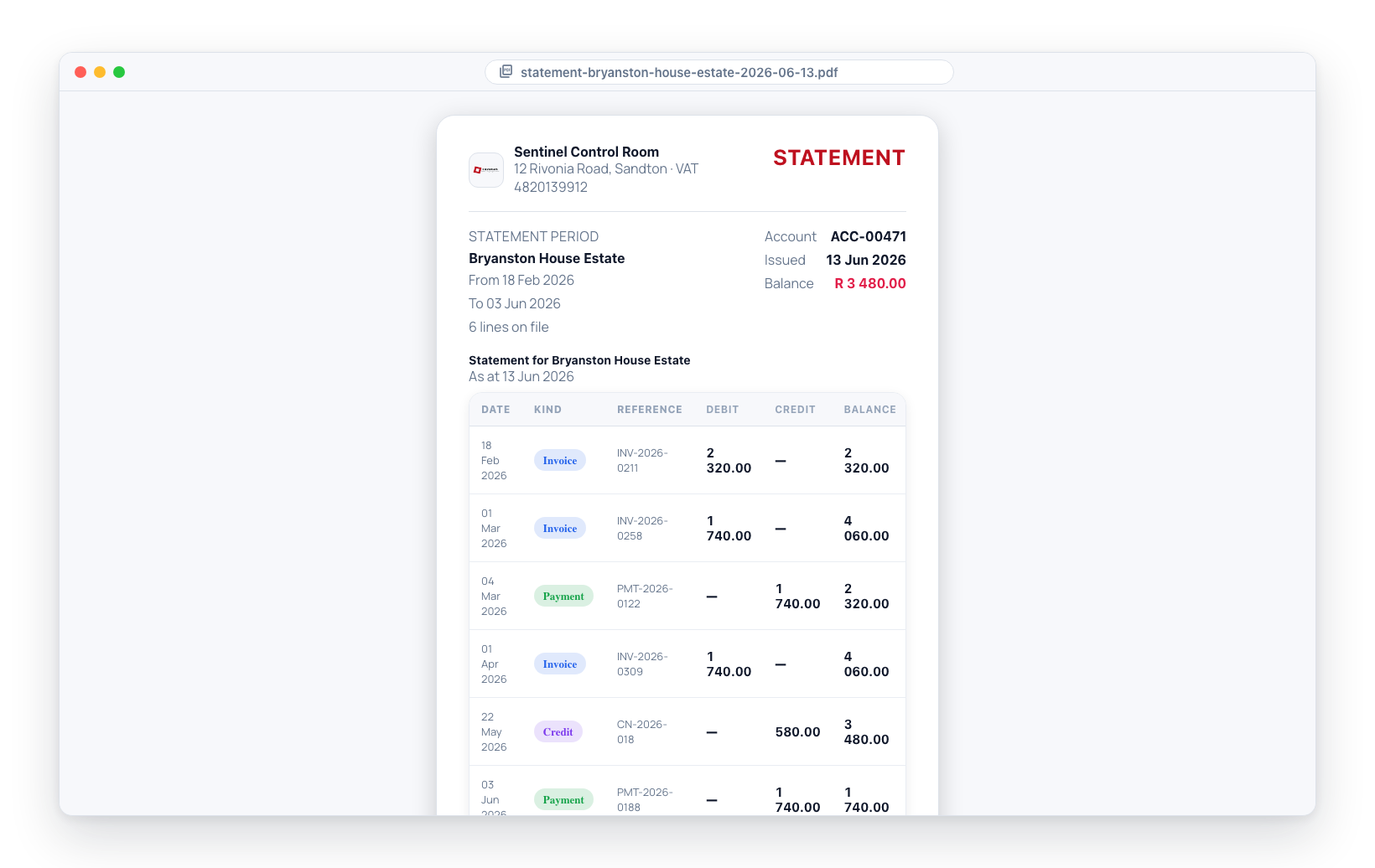 The branded statement PDF opened in a new tab — period, full ledger oldest-first, and the closing balance.