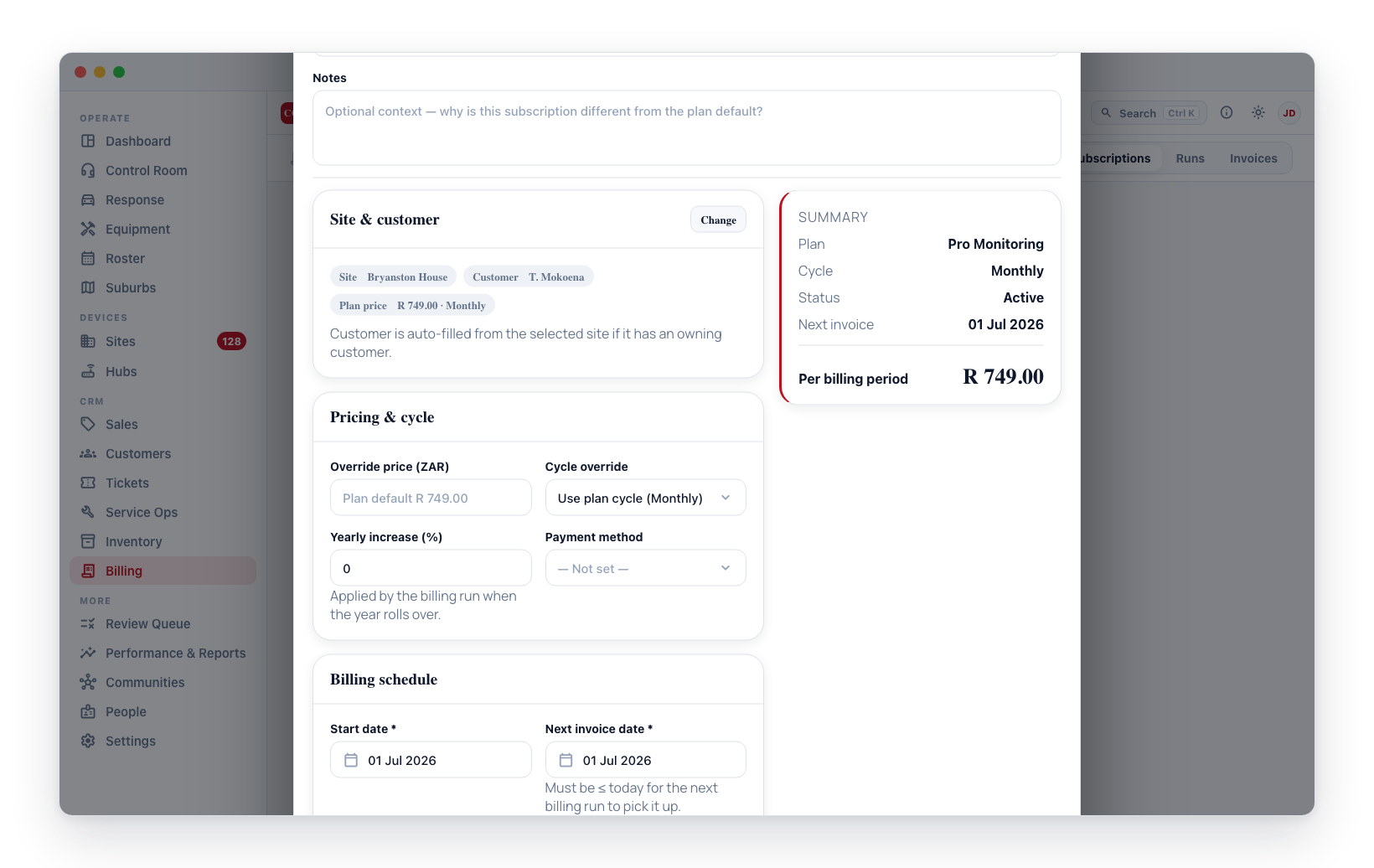 Add subscription — site & customer, pricing & cycle, billing schedule, with a live summary.