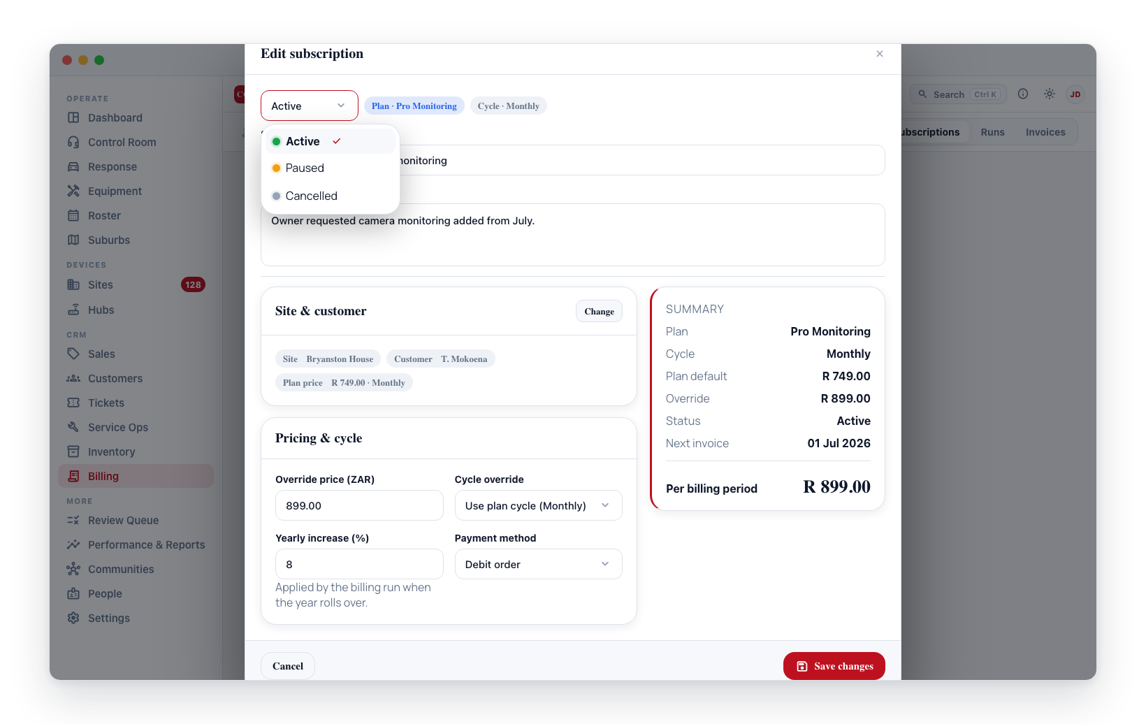 Editing a subscription — change the status, override price, cycle or schedule, then Save changes.