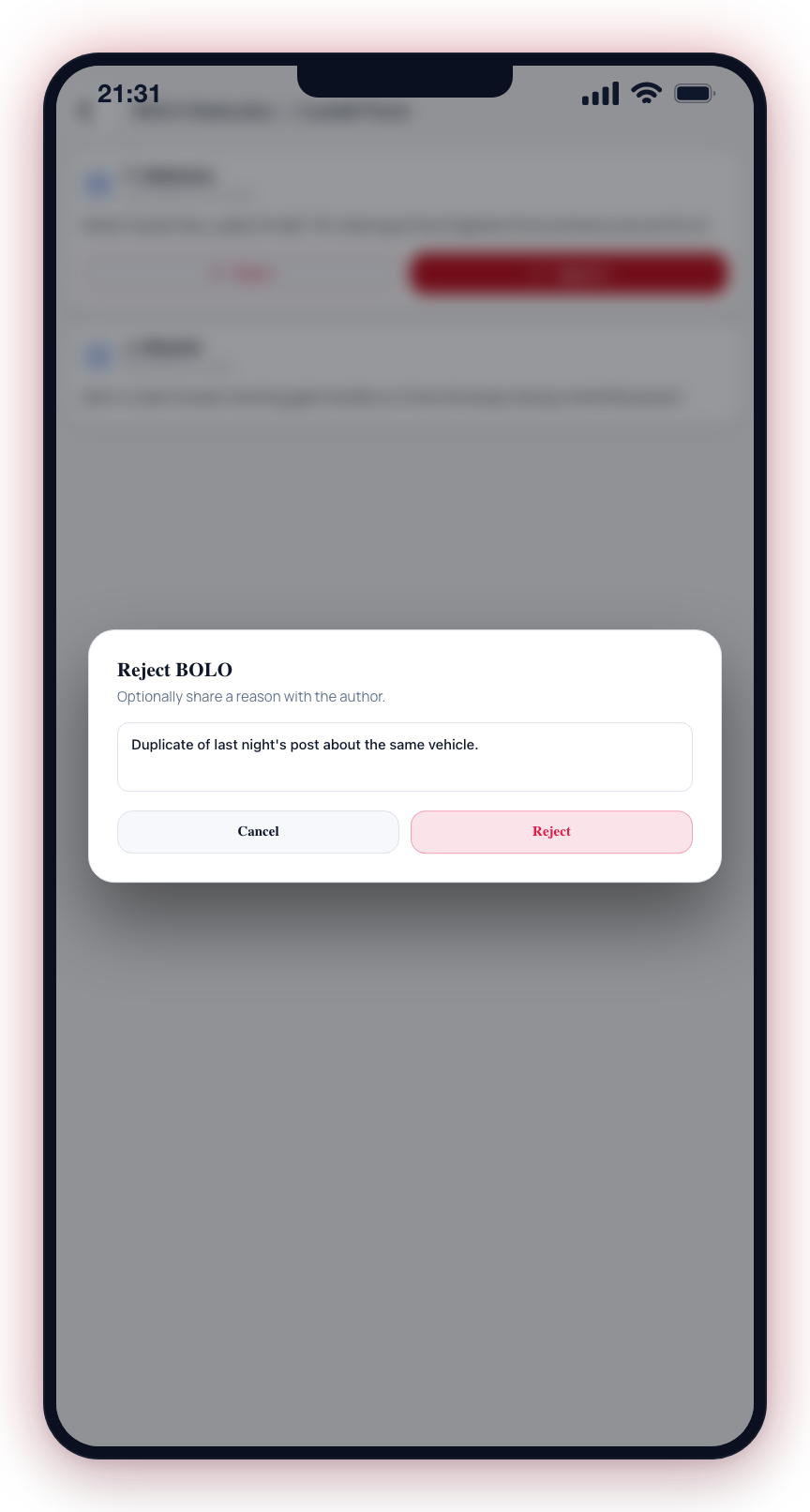The mobile moderation queue: approve or reject each pending post; Reject opens an optional reason shared with the author.