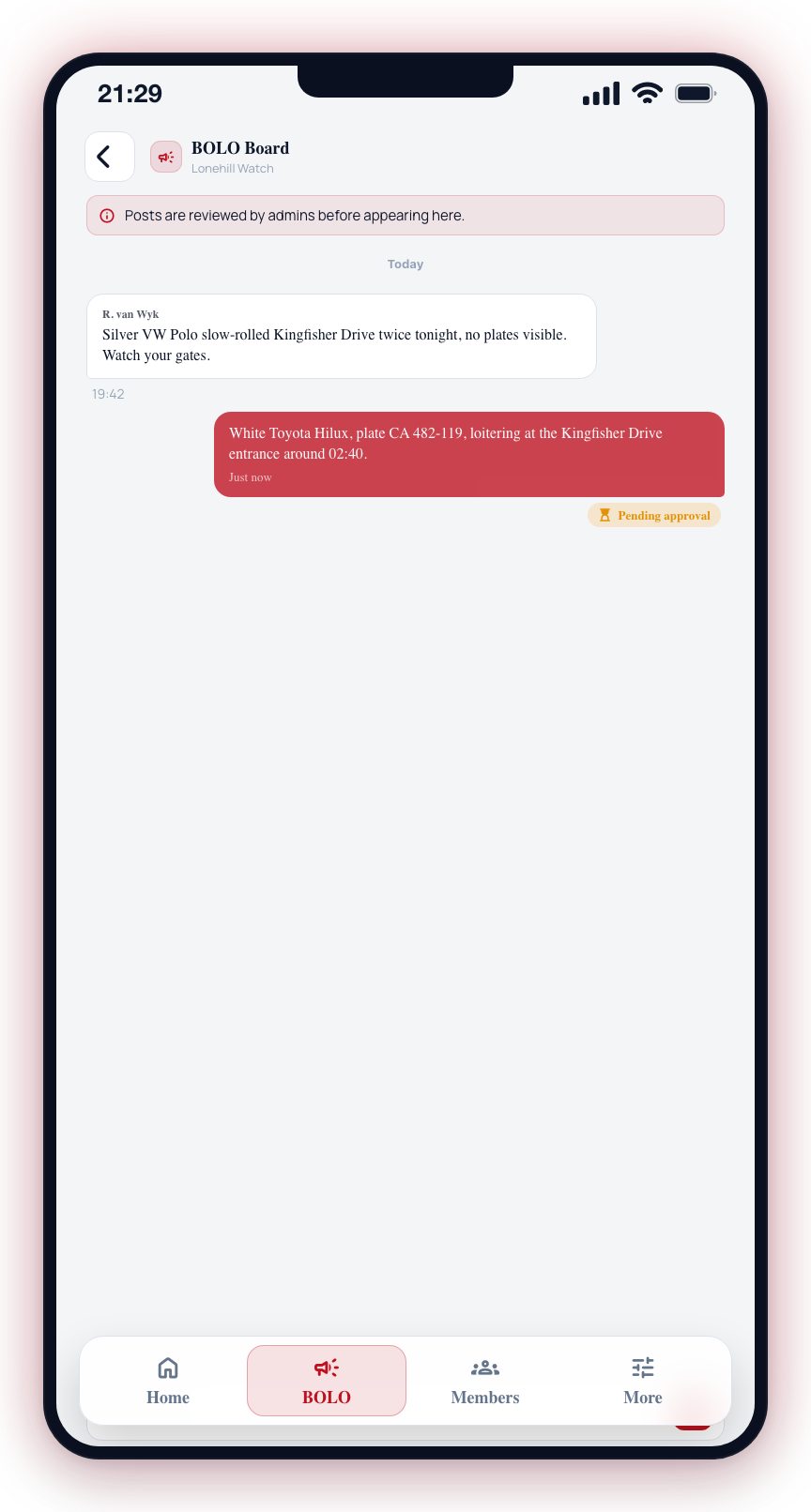 Submitting a BOLO: type into the composer and send — your post appears with a Pending approval label until a moderator reviews it.