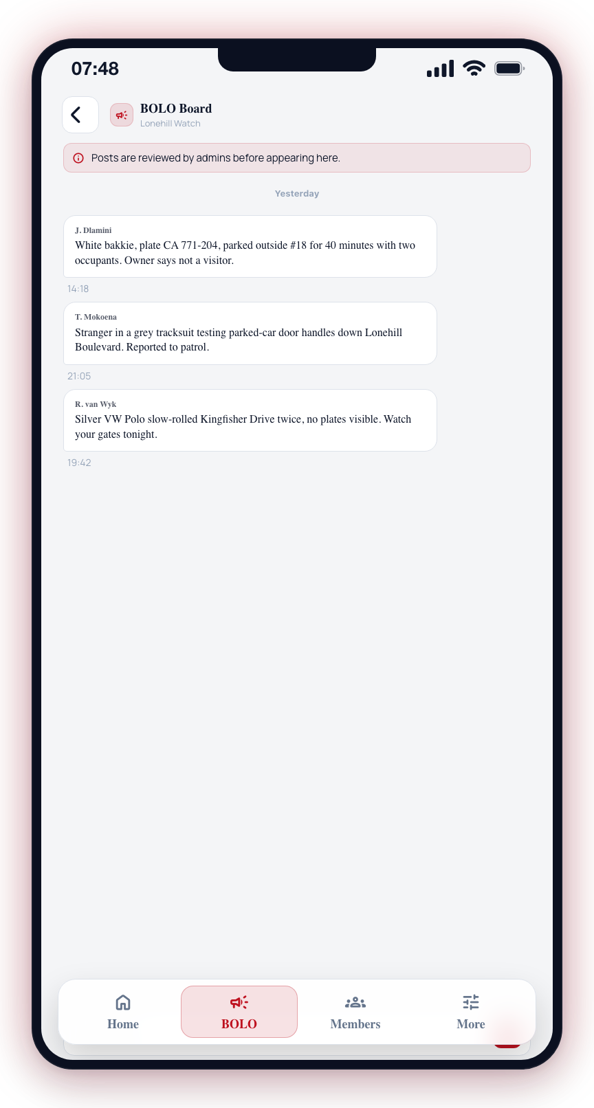 The BOLO Board feed shows approved posts newest-first.