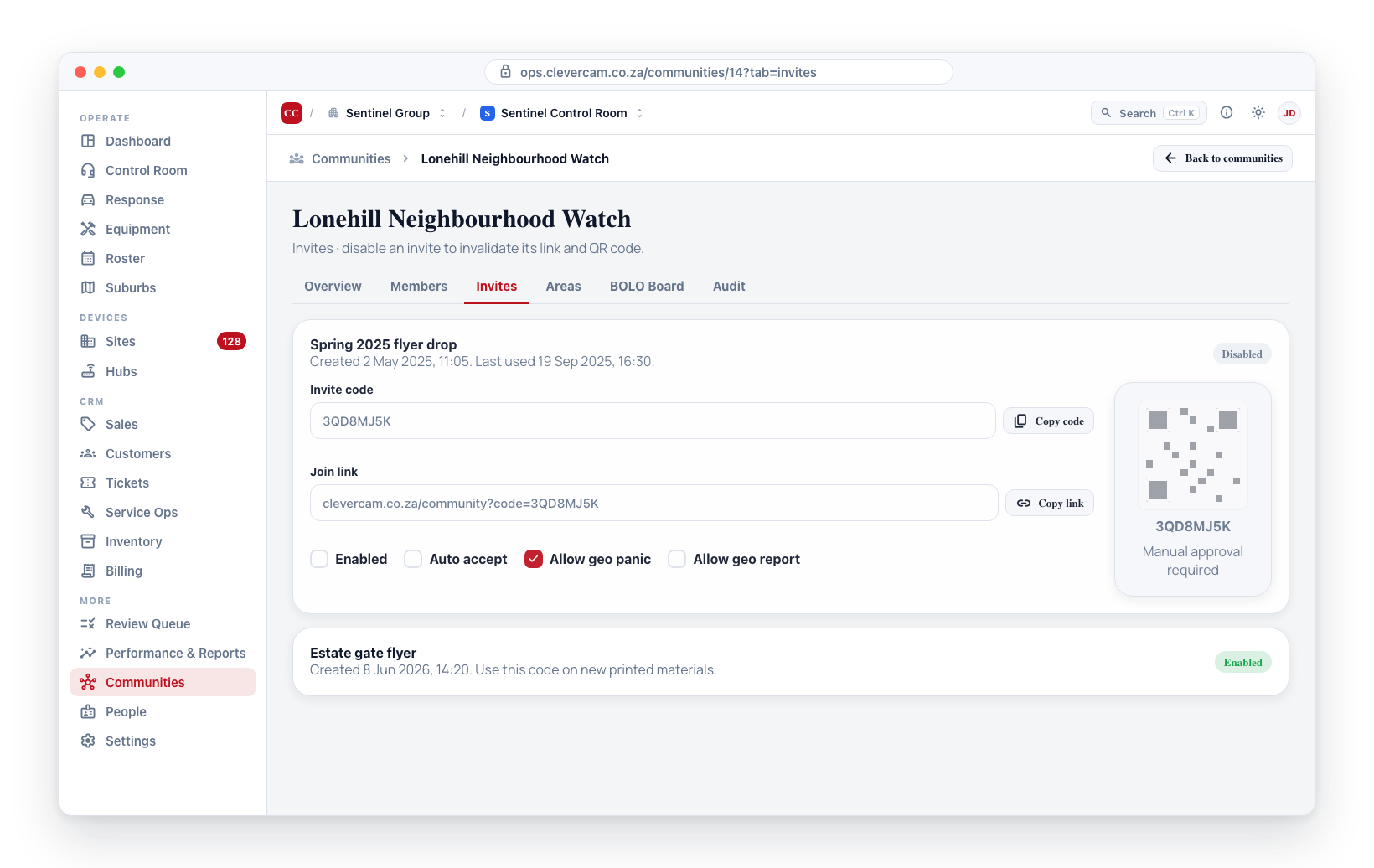 Switching an invite's Enabled toggle off marks it Disabled — its QR code and link stop working, so distribute the replacement invite instead.