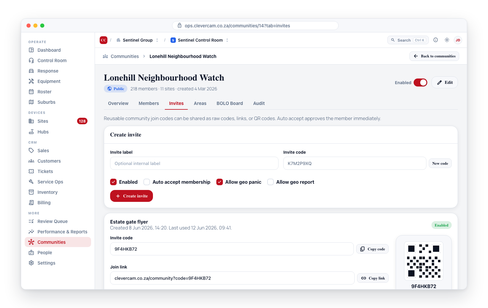 The Invites tab — the Create invite panel plus each invite's QR preview, code, and Copy link next to it.