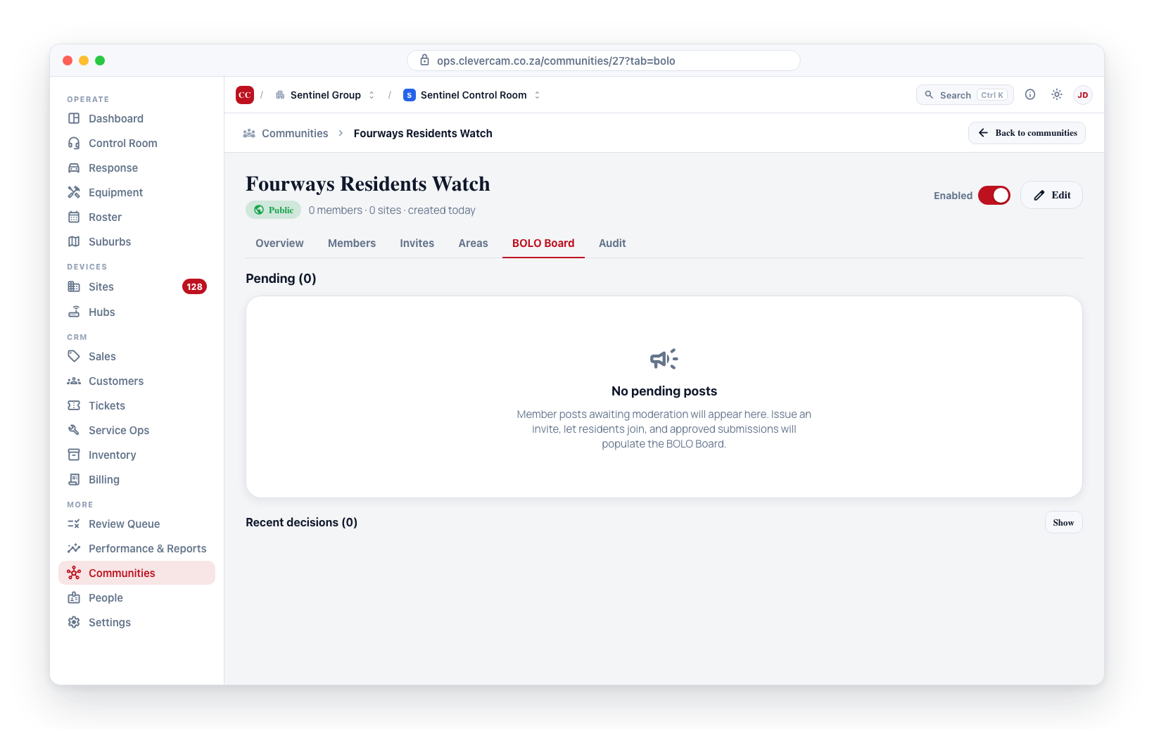 A freshly created community on the BOLO Board tab — empty 'No pending posts' state until members join and submit.