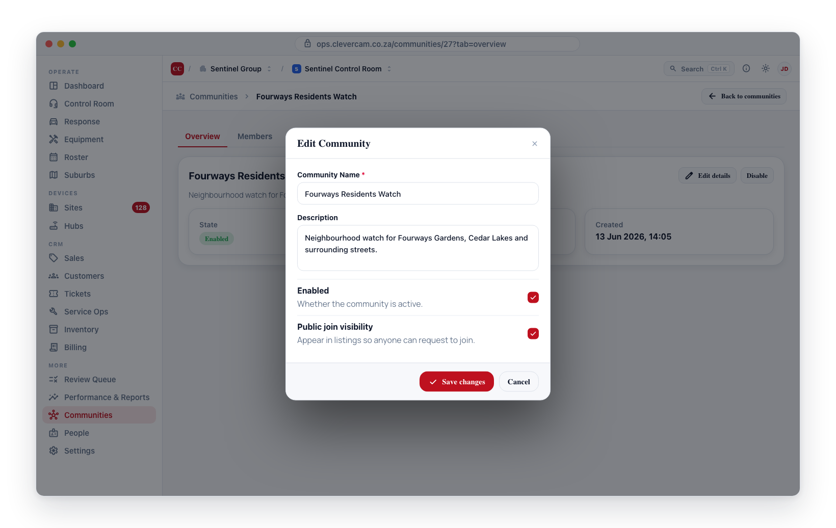 Editing a community's settings later — Name, Description, Enabled, and Public join visibility from the Overview tab.