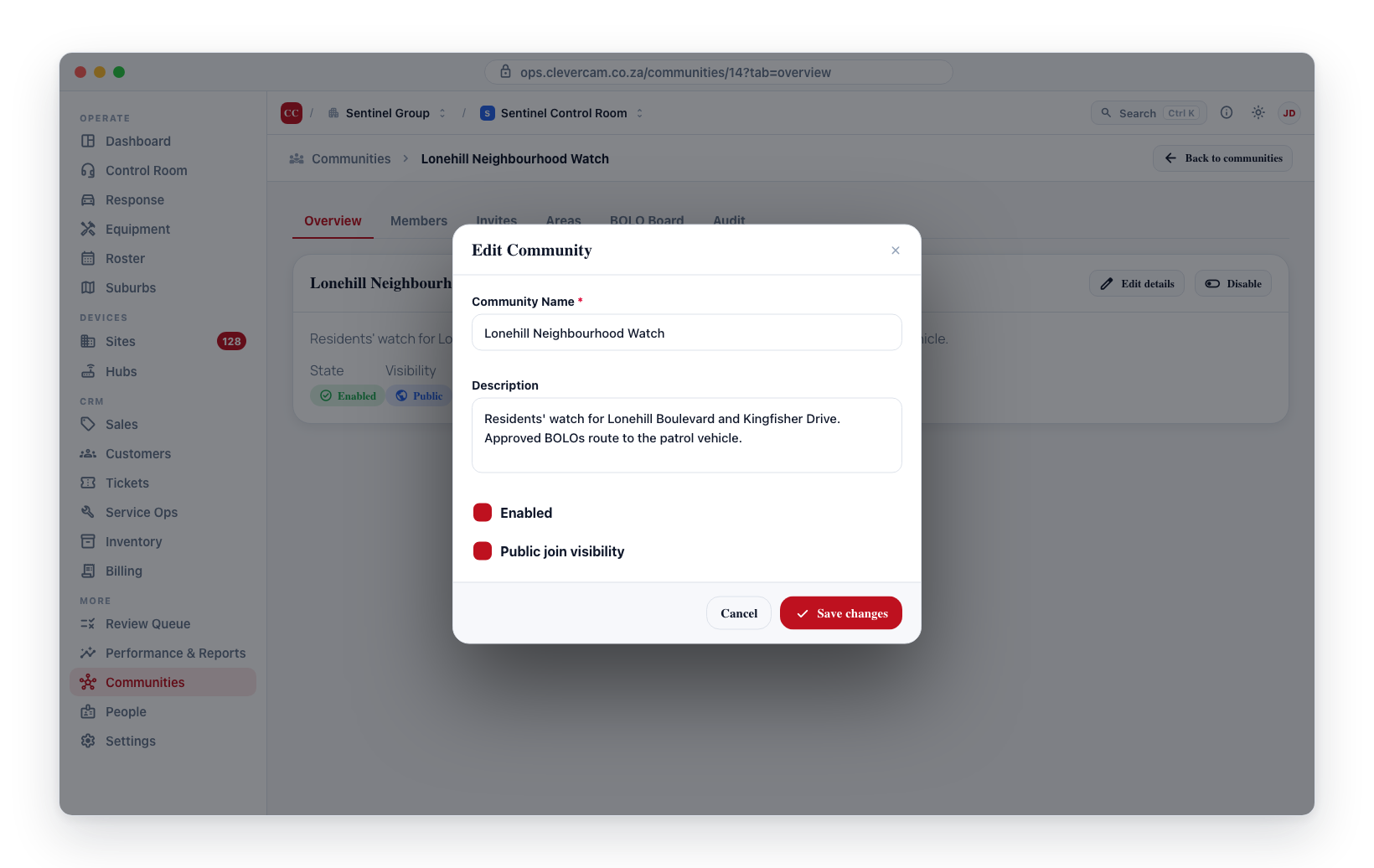 The Edit Community dialog opened from the Overview tab.