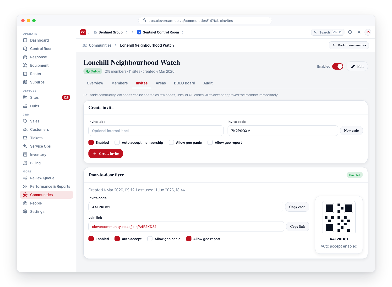 The Invites tab: the Create invite panel (label, generated code, auto-accept and geo toggles) above each existing invite with its copy buttons and QR code.