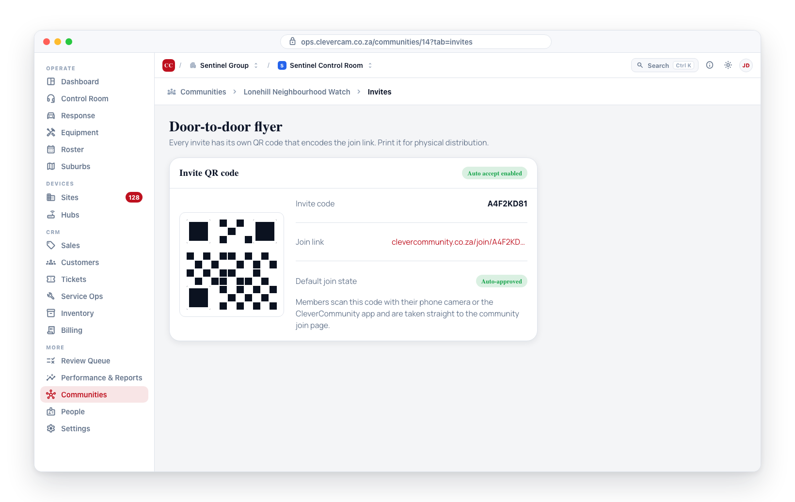 Each invite carries its own QR code encoding the join link — print it for door-to-door distribution; scanning takes a member straight to the join page.