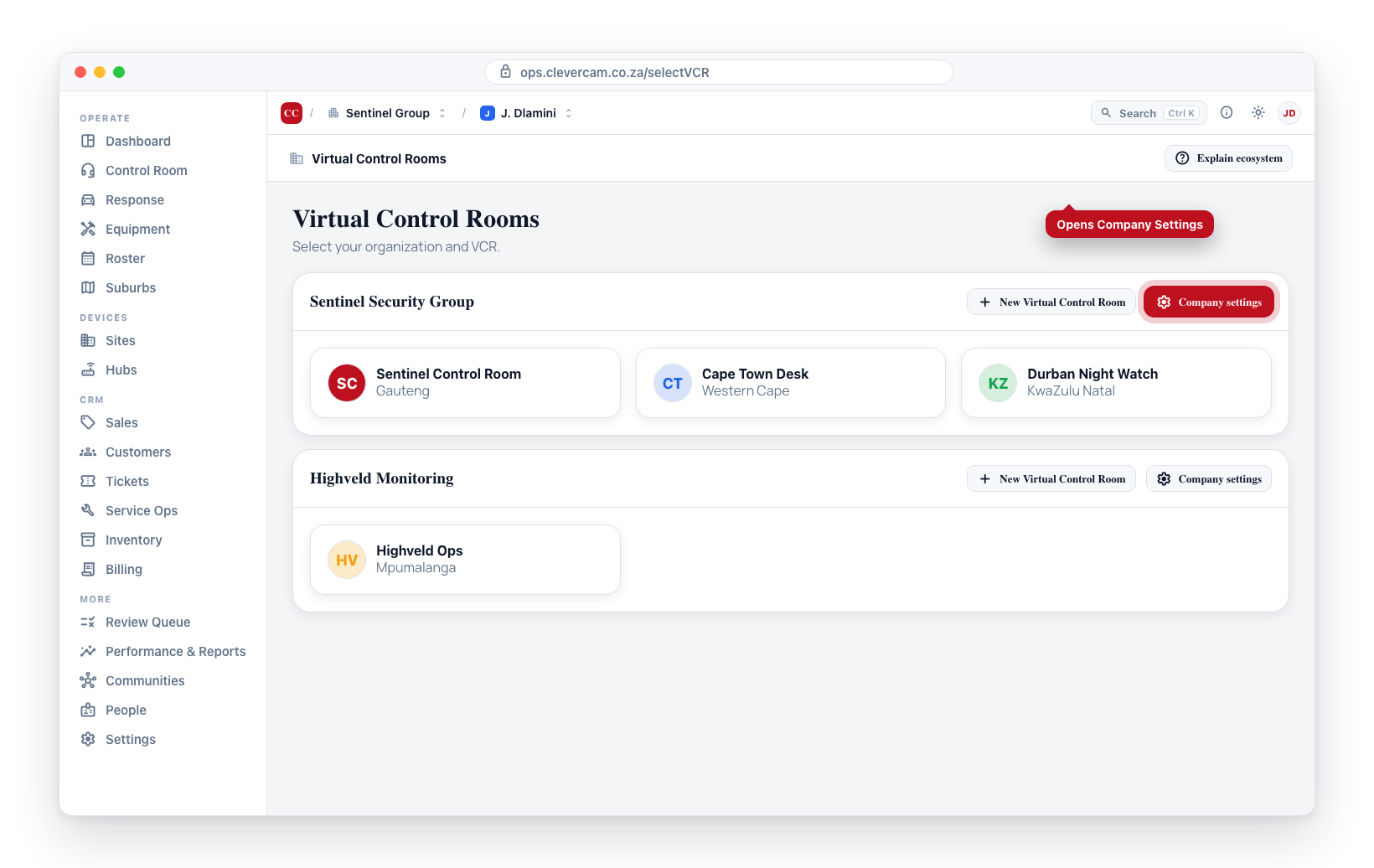 The Virtual Control Rooms screen — each company card has a Company settings button.