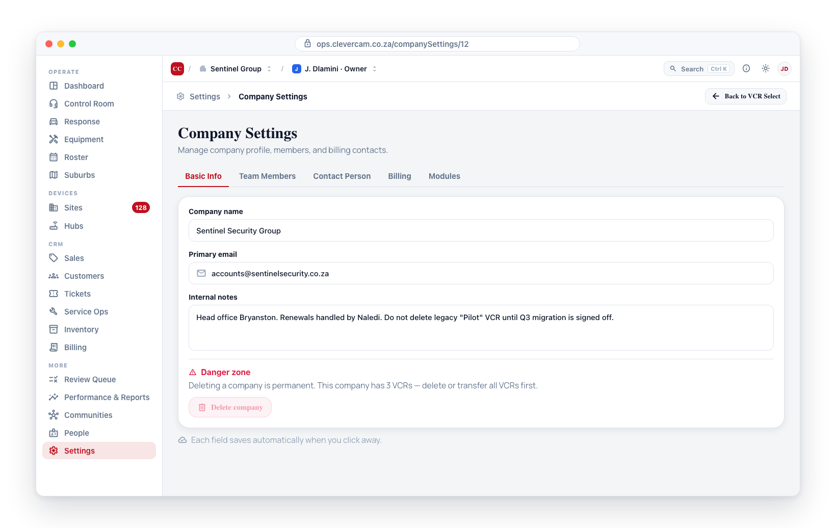 Basic Info tab — company name, primary email, internal notes, and the Danger zone (delete disabled while VCRs are linked).
