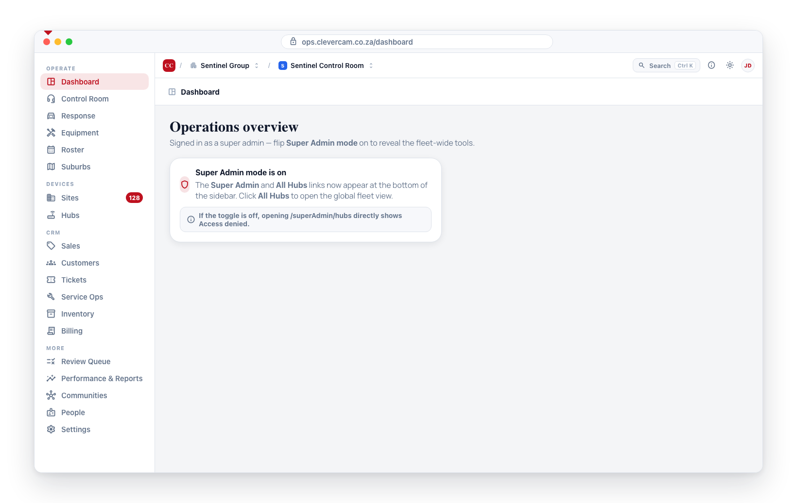 Turning on Super Admin mode reveals the Super Admin link; All Hubs is a tab inside that workspace.