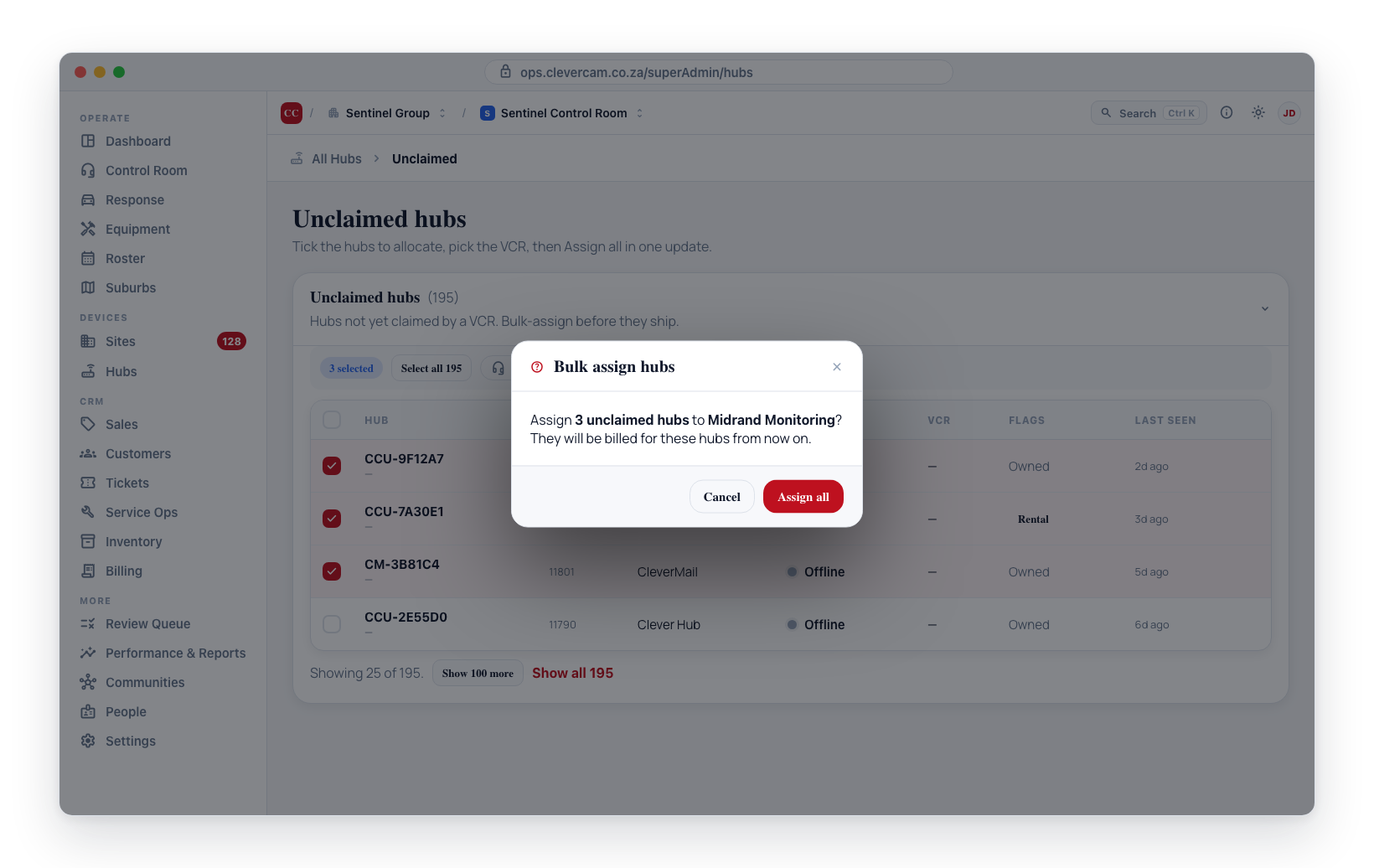 Bulk-assign: tick rows (or Select all), pick a VCR, then Assign all — confirmed in one update.
