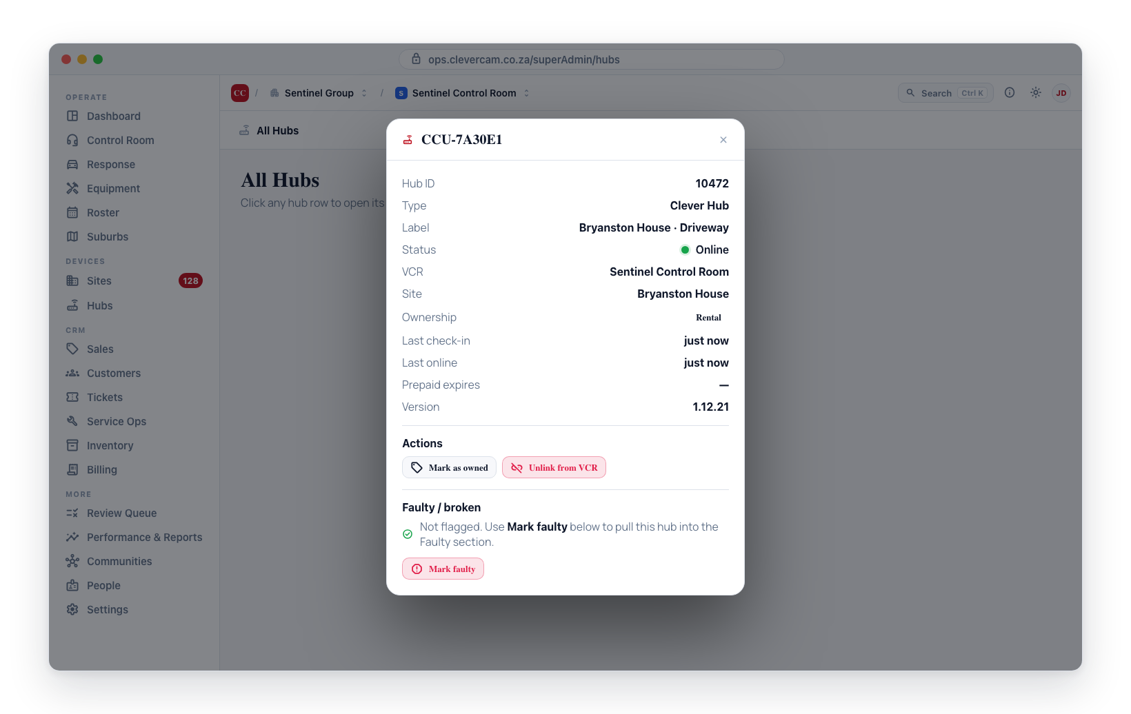 Hub detail modal — identity, status, assignment, ownership and prepaid, with the action buttons below.
