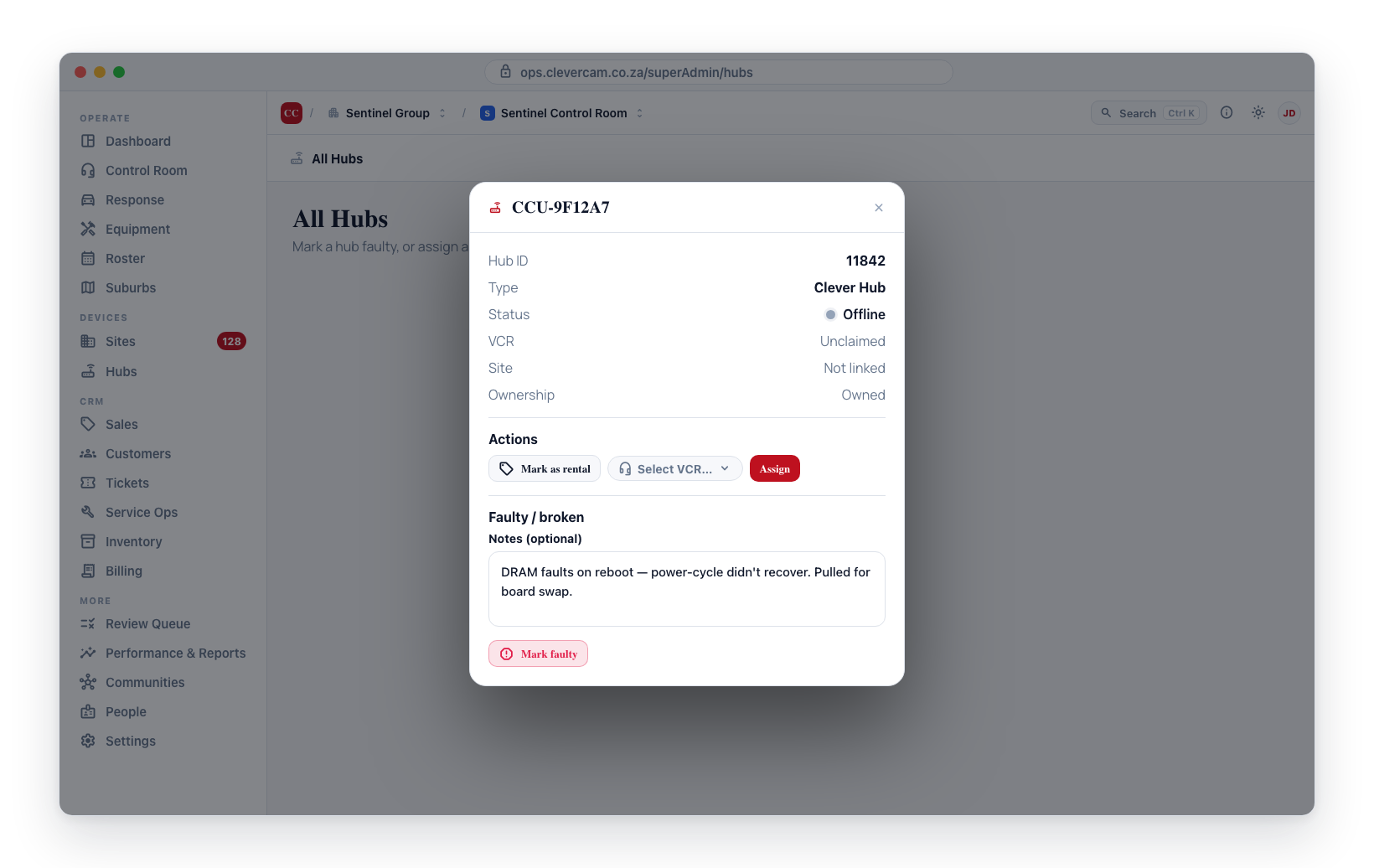 Actions on an unclaimed hub — assign to a VCR, toggle rental, or add notes and Mark faulty.