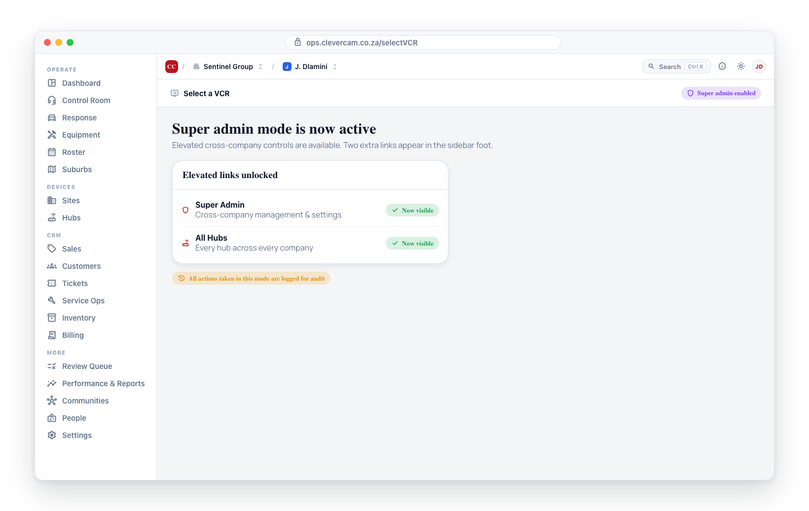 Flipping the Super Admin mode toggle in the sidebar foot reveals the single Super Admin link.
