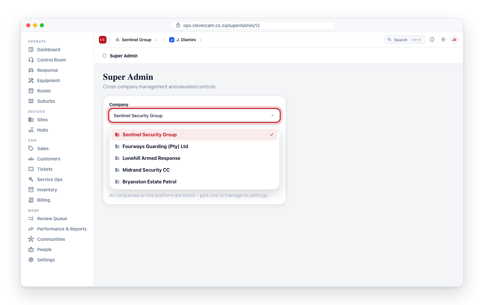 The Audit Logs tab: pick any company to load its cross-control-room audit trail.