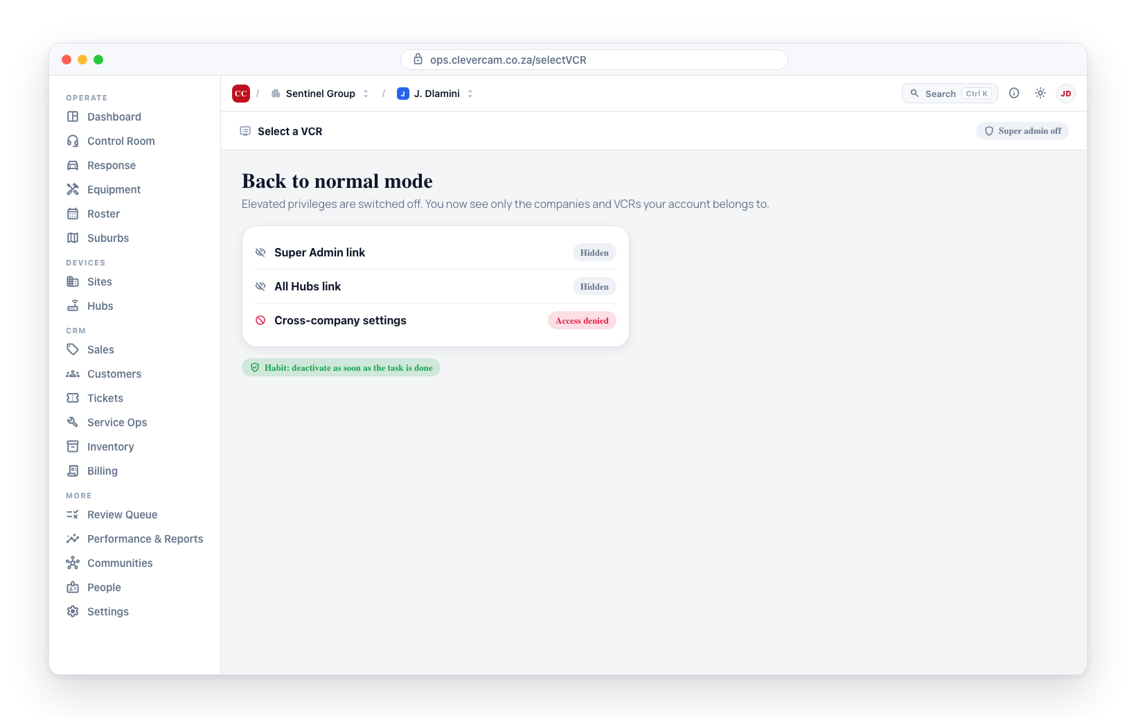 Switching the toggle off hides the Super Admin link and returns the account to normal access.